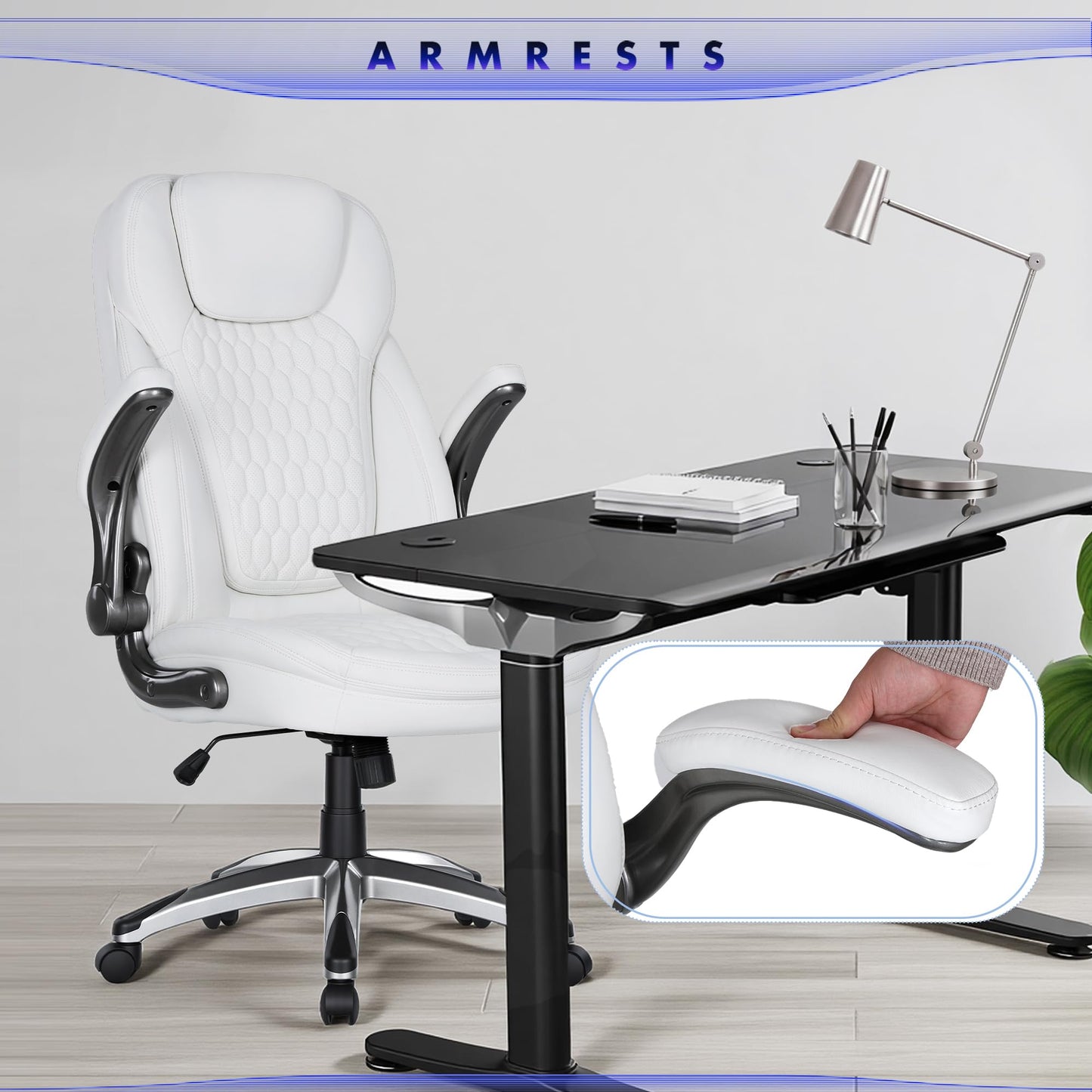 COLAMY Executive Office Chair-Ergonomic Computer Desk Chair, High Back Leather Chair with Padded Flip-up Arms, Swivel Home Office Chair Upgraded Caster, White