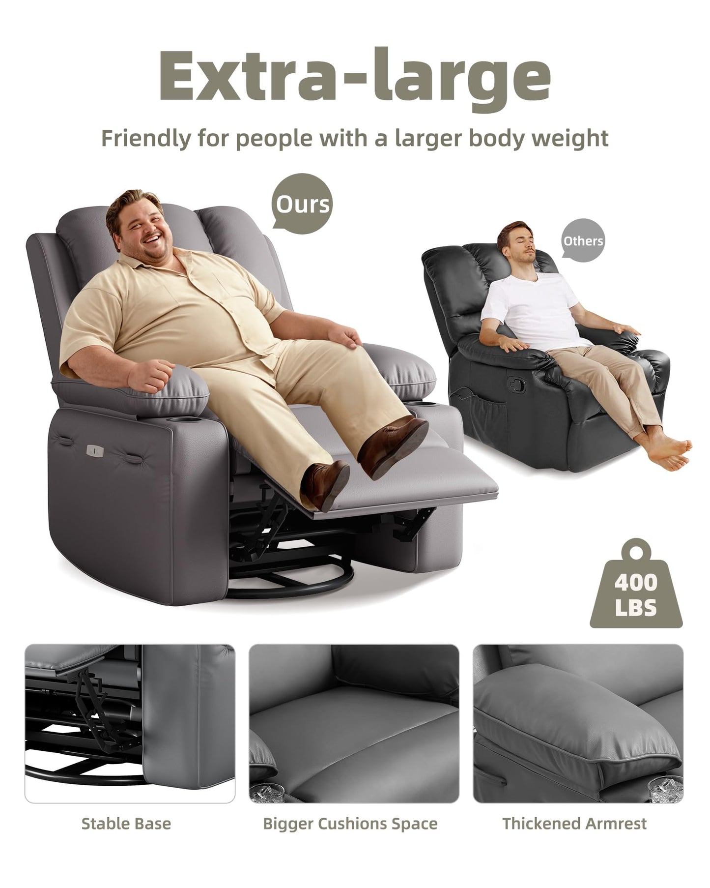 KYBOLT Power Recliner Chair for Adults with Massage and Heat, Swivel Oversized Leather Recliner Chair with USB Ports & Side Pockets for Living Room (22" Medium-Seat Width,Gray)