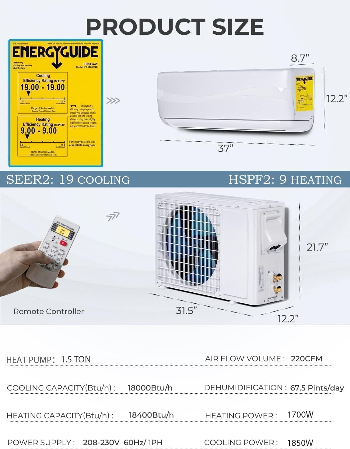 GLACER 18000BTU Mini AC Split-System, 19 SEER2 Ductless Air Conditioner w/Pre-Charged Condenser, White (18000BTU, 220V, 19 SEER2)