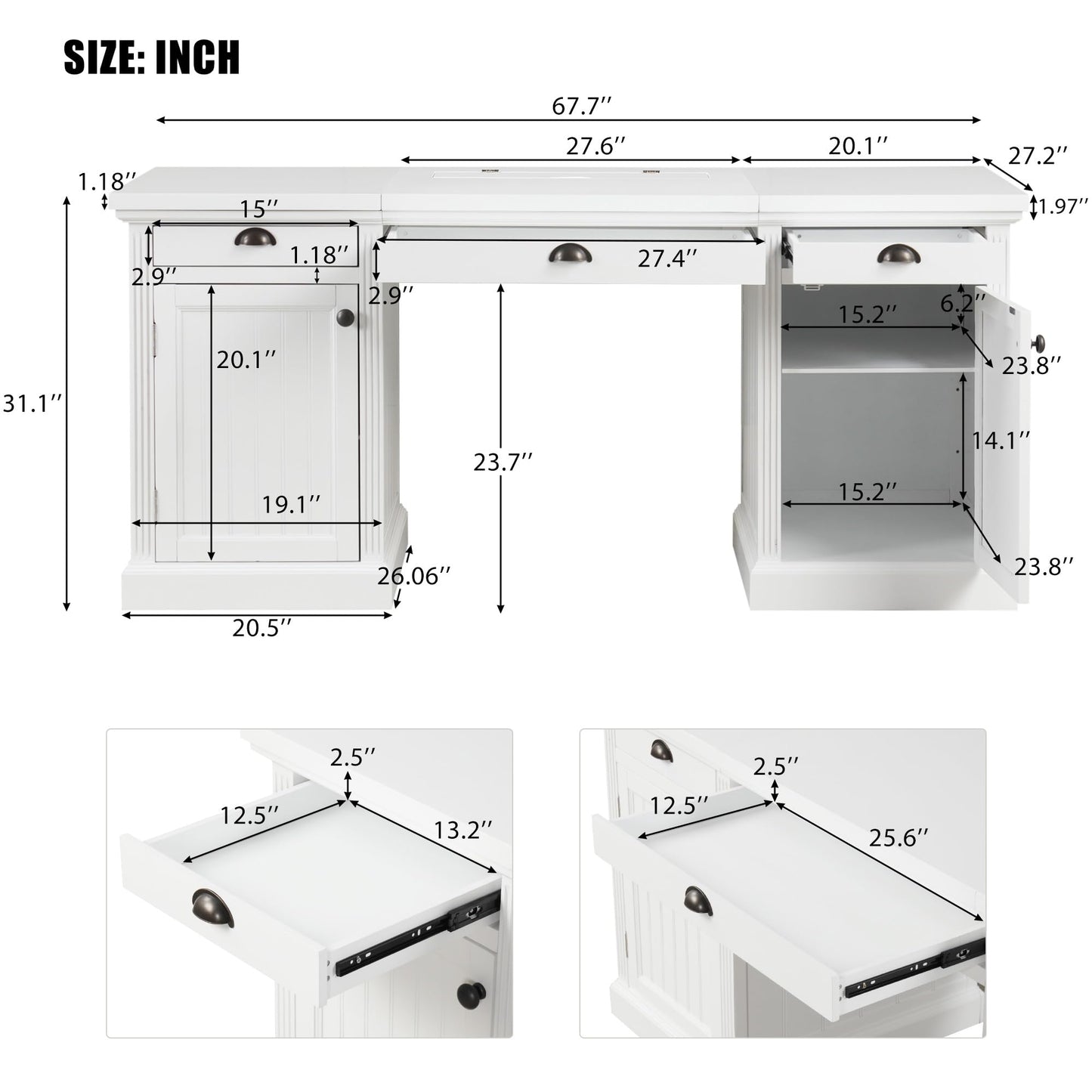 GDFStudio 67" Modern Executive Desk with Storage, White Computer Desk with 2 Doors Cabinet and 3 Drawers, Home Office Writing Desk with USB Ports and Power Outlets, Large Workstation for Study,Office