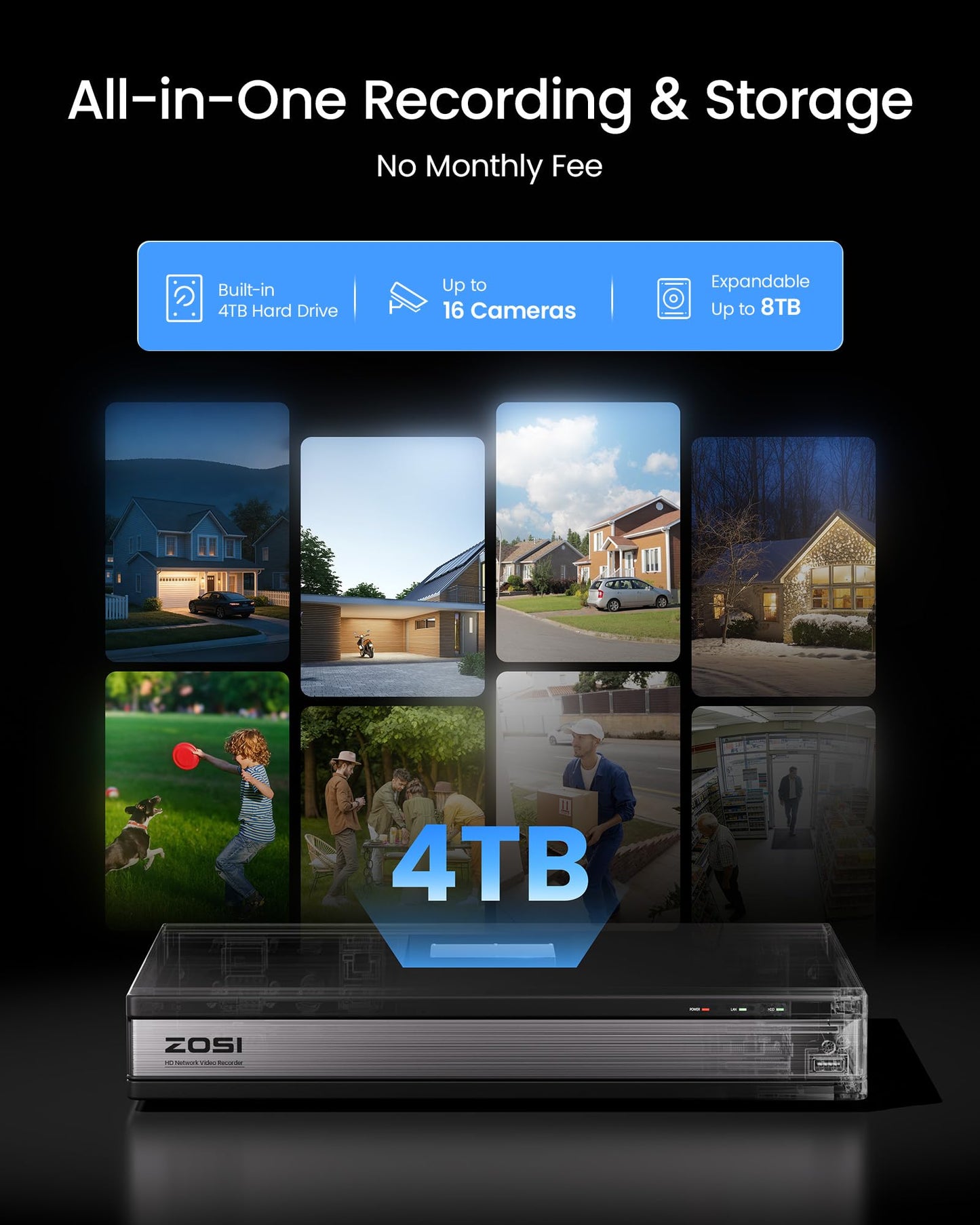 ZOSI H.265+ 16 Channel Security Camera System 1080p,16CH CCTV DVR, 8 x 1080p Indoor Outdoor Dome Camera, Human Vehicle Detect, 80ft Night Vision, 105° View Angle, Remote Control, Alert Push, 4TB HDD