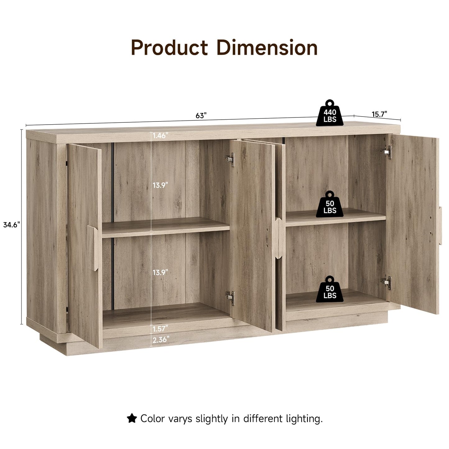 ONBRILL Buffet Cabinet with Storage, 63" Sideboard Cabinet with 4 Doors & Shelves, Wooden Kitchen Coffee Bar Credenza Storage for Living Room, Hallway (63" Wide), Light Grey