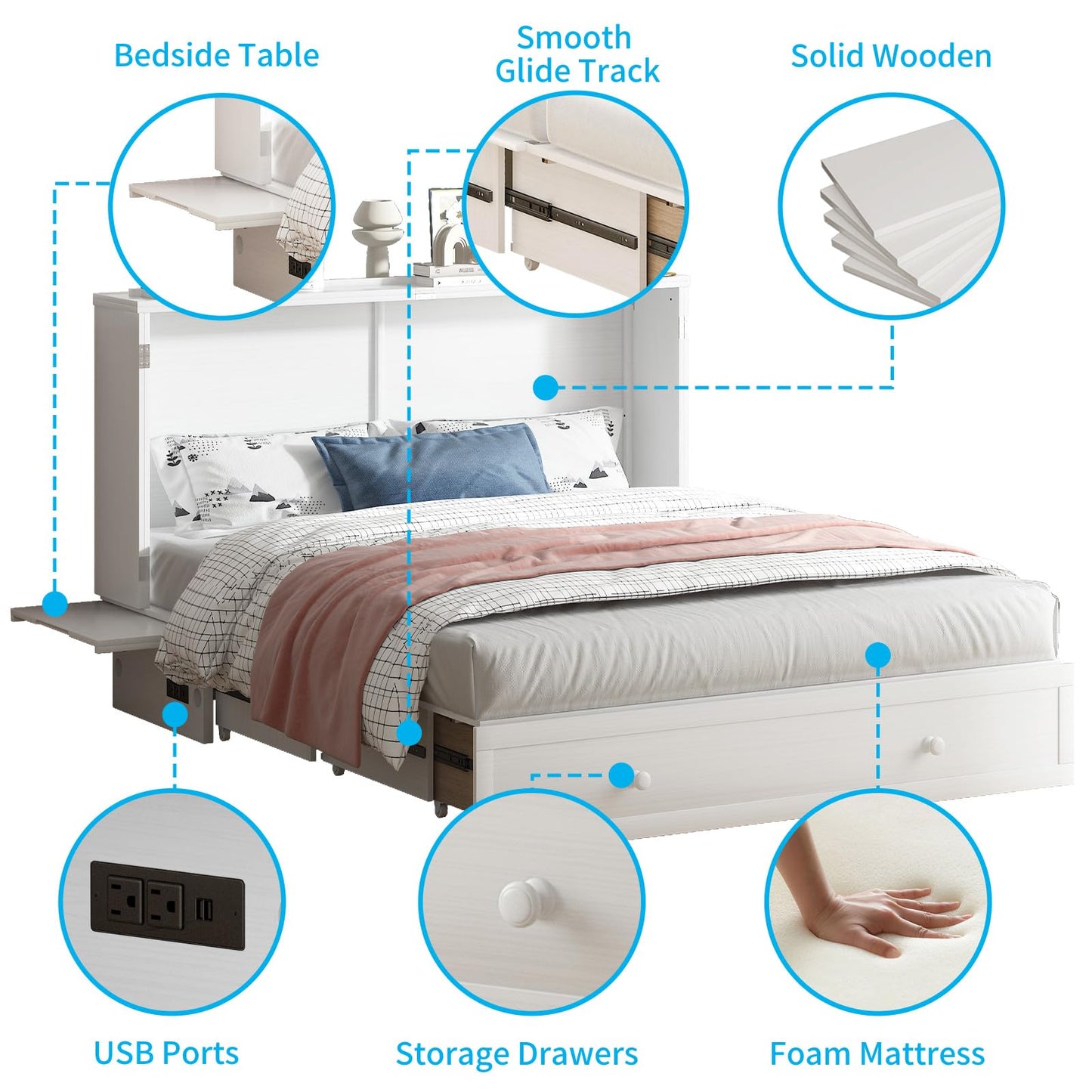 PUREMIND Queen Murphy Bed Cabinet, Murphy Bed with Mattress Included, Storage Drawer and Bedside Panel, Built-in Charging Station, Solid Wood Space-Saving Wallbed Hideaway Beds for Guest Room