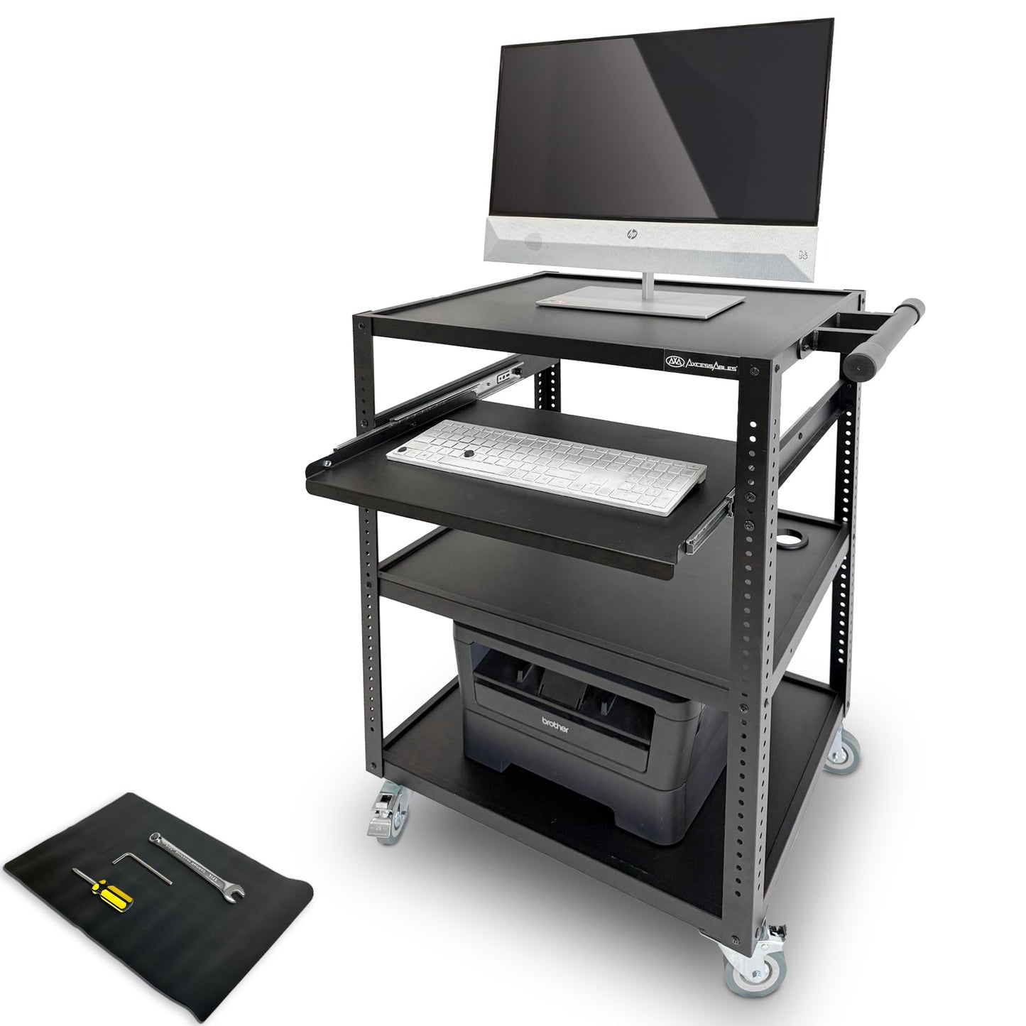 AxcessAbles Computer Cart on Wheels 400LB Capacity, Metal AV Equipment Utility Workstation, with Pullout Keyboard Tray, Locking Caster Wheels.