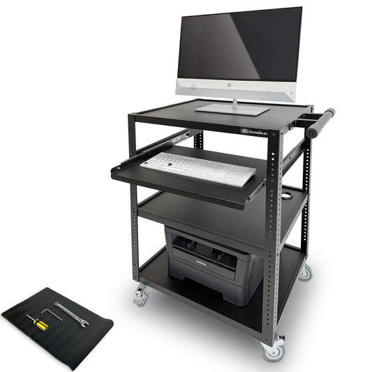 AxcessAbles Computer Cart on Wheels 400LB Capacity, Metal AV Equipment Utility Workstation, with Pullout Keyboard Tray, Locking Caster Wheels.