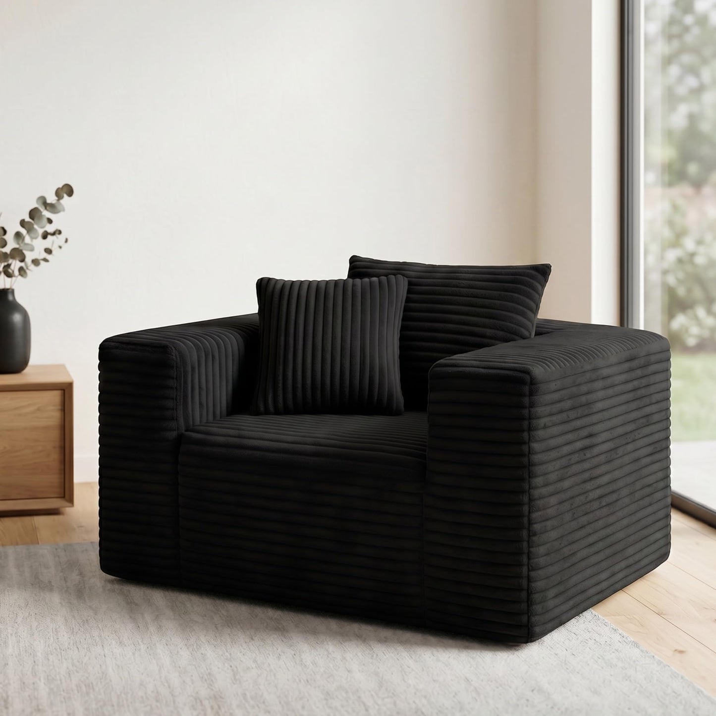 Trygoal Boneless Single Sofa Chair for Adult, Corduroy Cloud Lounge Chair with 2 Pillows & Wide Armrests, High-Density Foam Reading Couches for Living Room & Office, No Assembly Required, Black