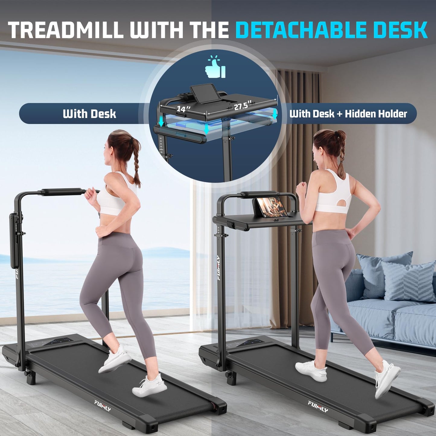 Walking Pad Treadmill with Removable Desk Workstation, 15% Incline Treadmill with Handle Bar, Foldable Treadmills Under Desk, Adjustable Height, 400 lbs+ Capacity, Walking or Running for Home Office