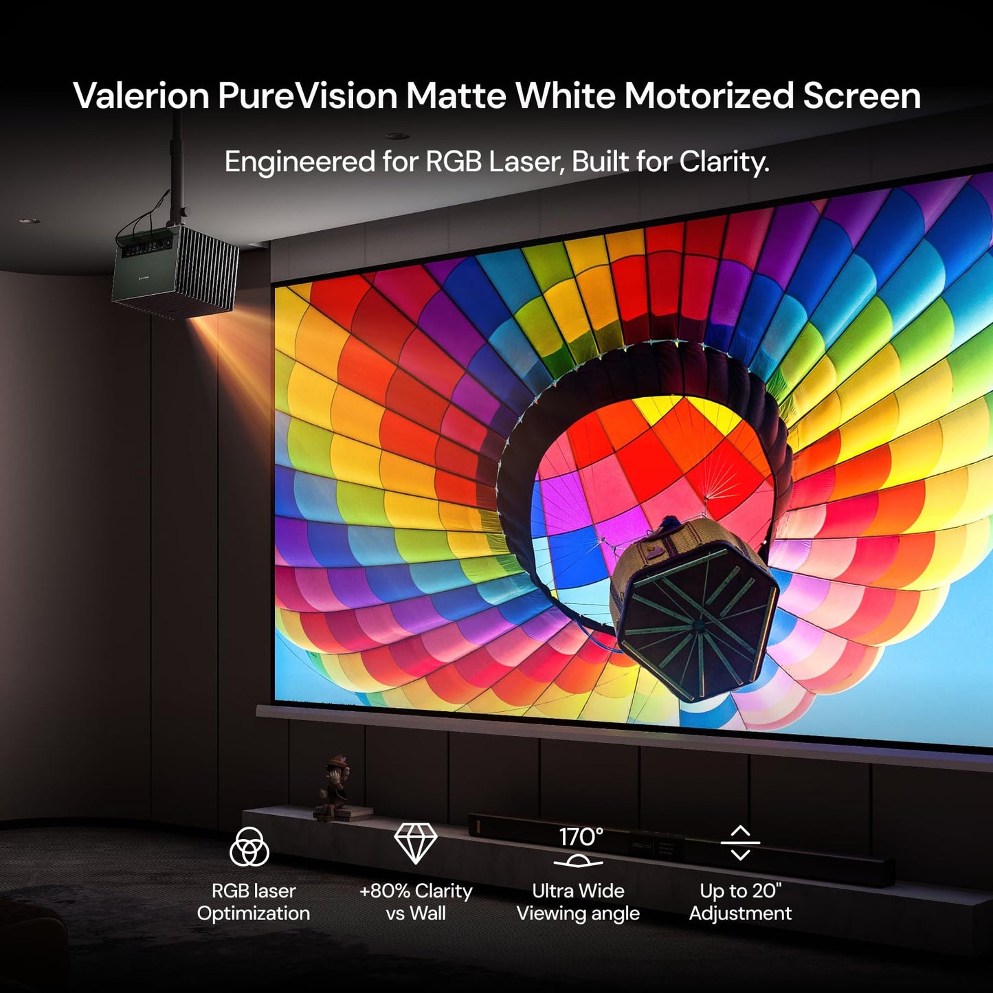 Valerion 120" PureVision Motorized Projector Screen, Laser Speckle Reduction, Auto-Sync with Projector, 4K/8K UHD Ready, 20" Adjustable Drop, Black Backing for Enhanced Contrast, Long Throw Only