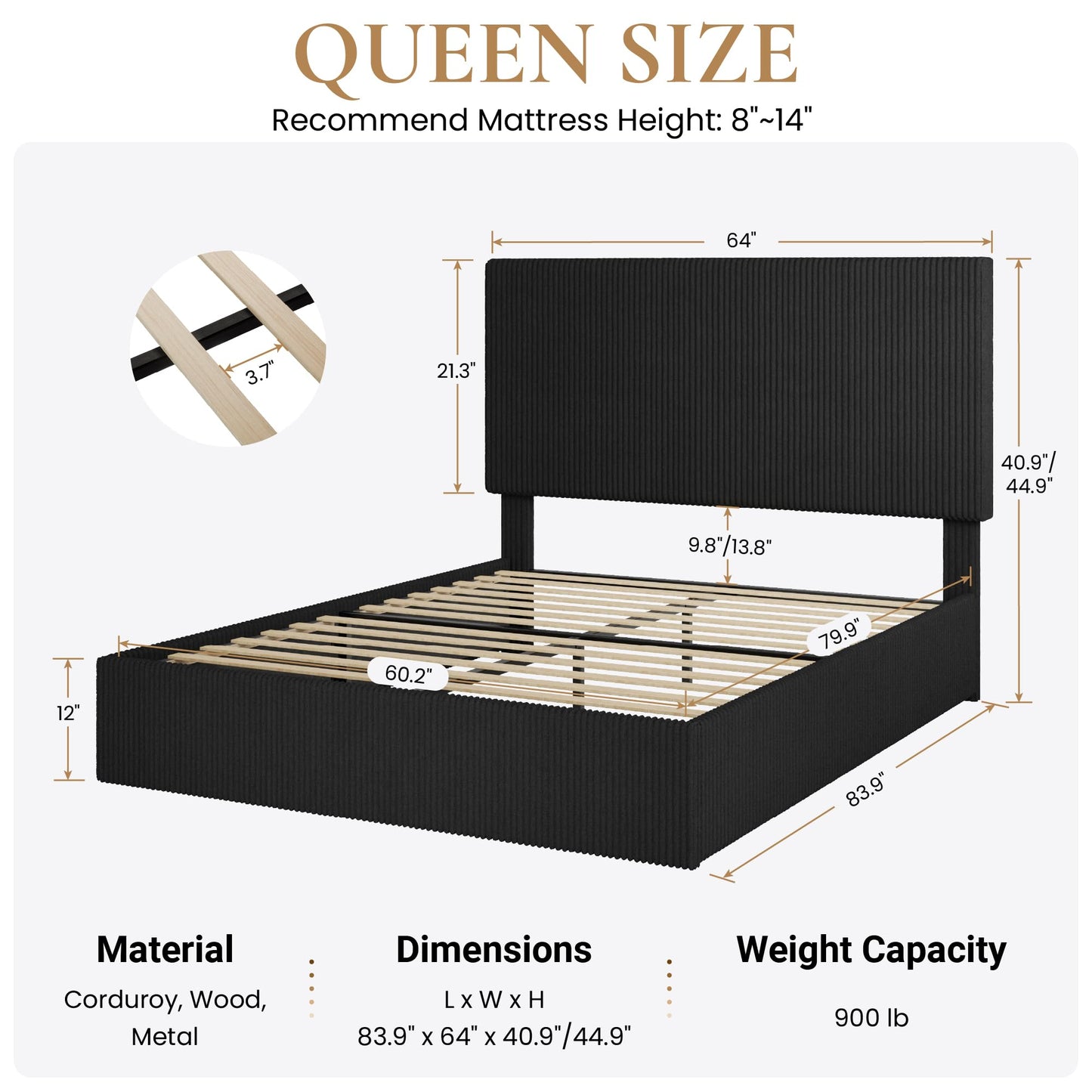 SHA CERLIN Queen Bed Frame, Corduroy Upholstered Platform Bed, Adjustable Vertical Channel Tufted Headboard, Modern Low Profile Frame, No Box Spring Needed, Easy Assembly, Black