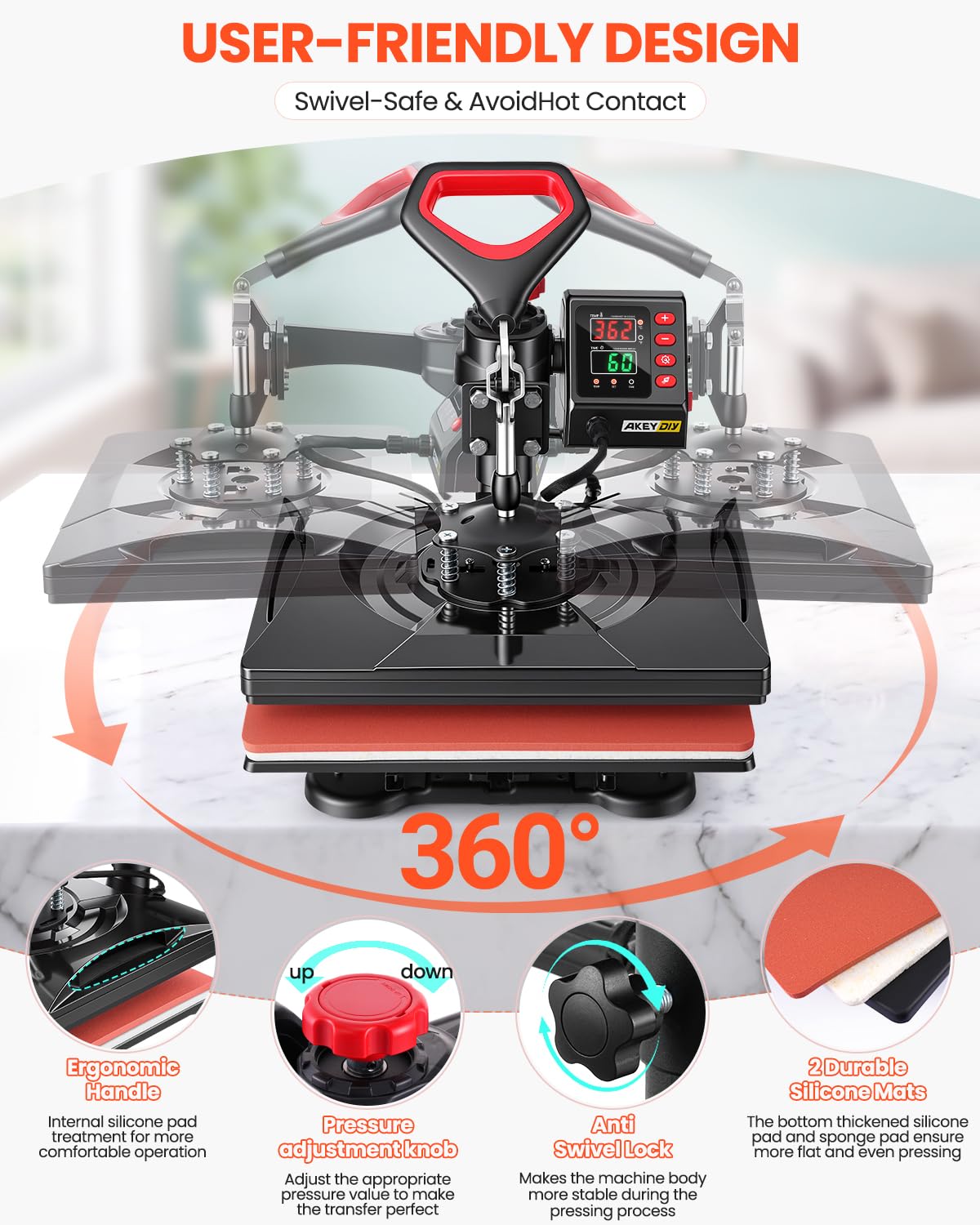 AKEYDIY Heat Press Machine,8 in 1 Multi-Function Heat Press Rapid Heating Tshirt Press,360° Digital Vinyl Sublimation Press Machine Heat Transfer Machine for T-Shirts,Cap,Mug,Plate,DIY