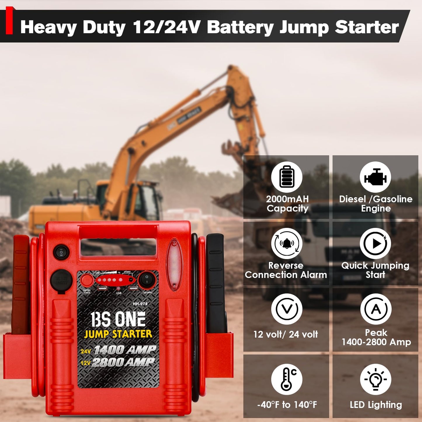 24V / 12V Jump Starter, Heavy Duty 1200/2400 Peak Amp Sealed Lead Acid Battery Jump Starter for Car Truck Tractor Excavator, Jump Box Power Pack with USB/DC Output and LED Light
