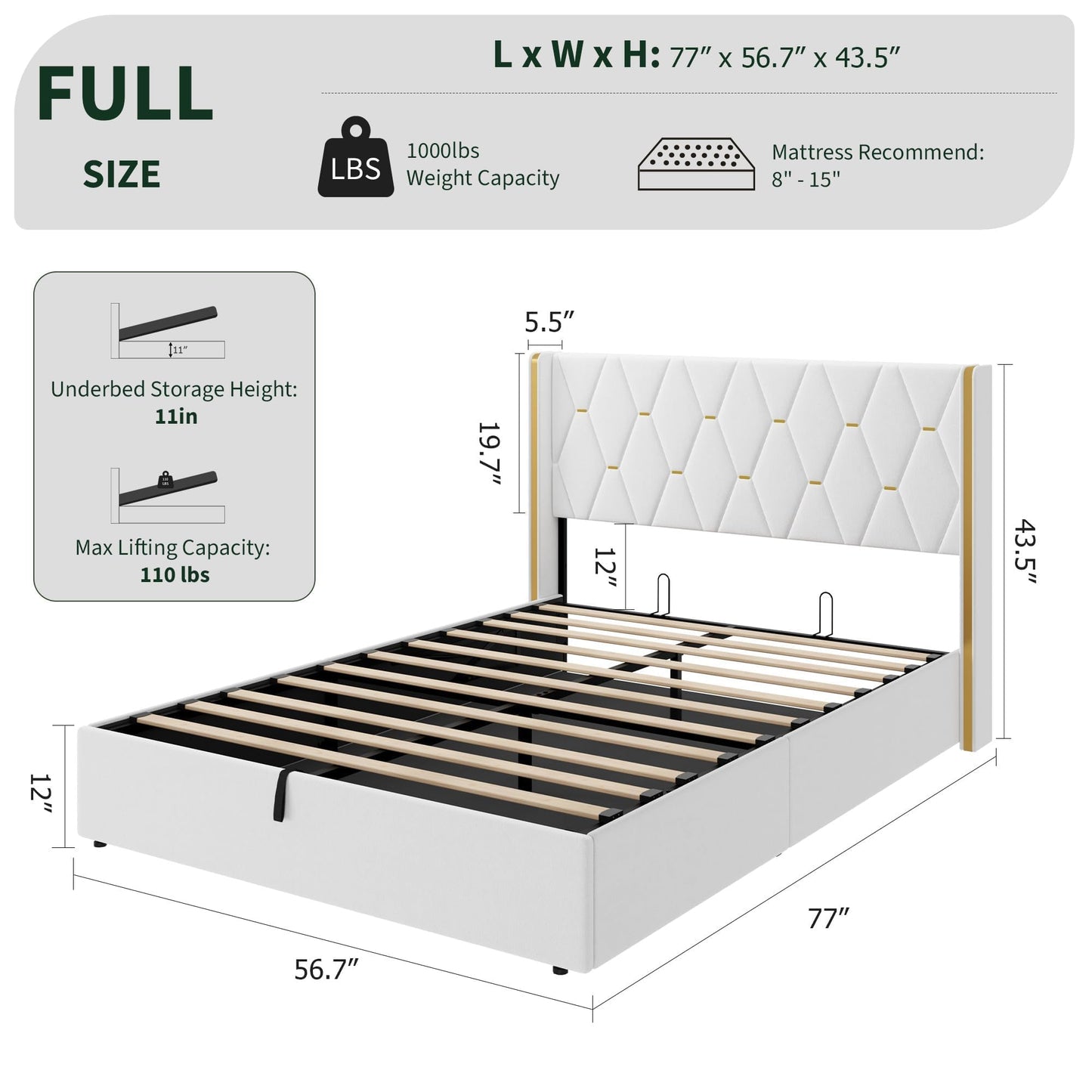 IDEALHOUSE Full Size Lift Up Storage Bed Frame, Modern Diamond Tufted Wingback Headboard, Hydraulic Support & Underneath Storage, Suede Upholstered Platform Bed, No Box Spring Needed