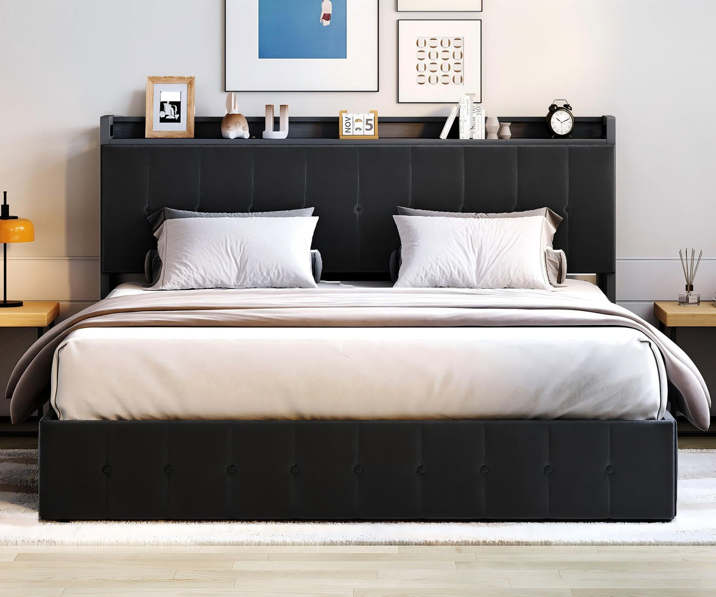 GarveeHome King Bed Frame with Lift Up Storage, Upholstered Velvet Bed with Storage Headboard, Metal Platform Bed, Hydraulic Support, No Box Spring Needed, Black