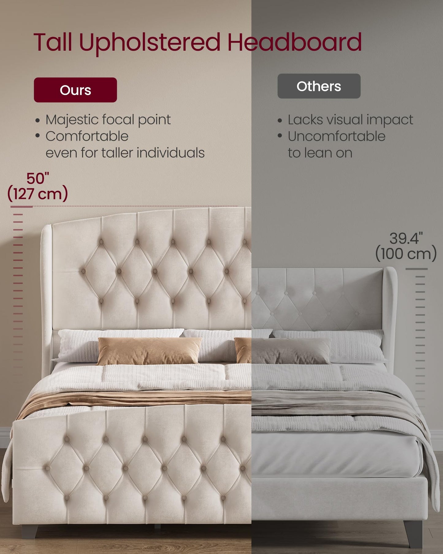 VASAGLE King Bed Frame with Tall Headboard, Upholstered Platform Bed Frame King Size, with Wingback Tufted Headboard and Footboard, Wooden Slats, No Box Spring Needed, Cappuccino Beige URMB884W01