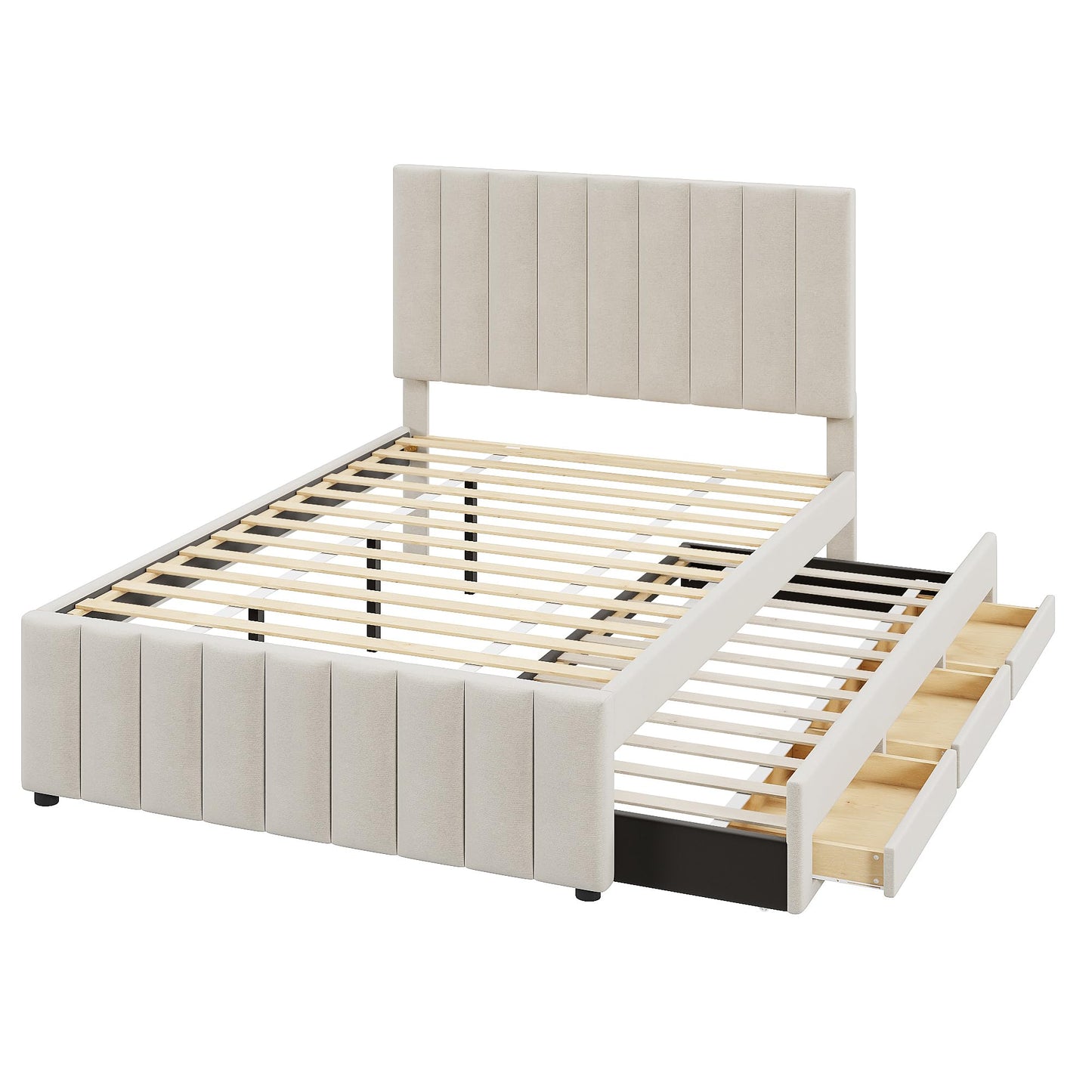 Merax Full Size Bed Frame with Trundle and 3 Storage Drawers, Elegant Linen Upholstered Platform Bed with Stripe Headboard for Bedroom, Small Spaces, No Box Spring Needed, Easy Assembly, Beige