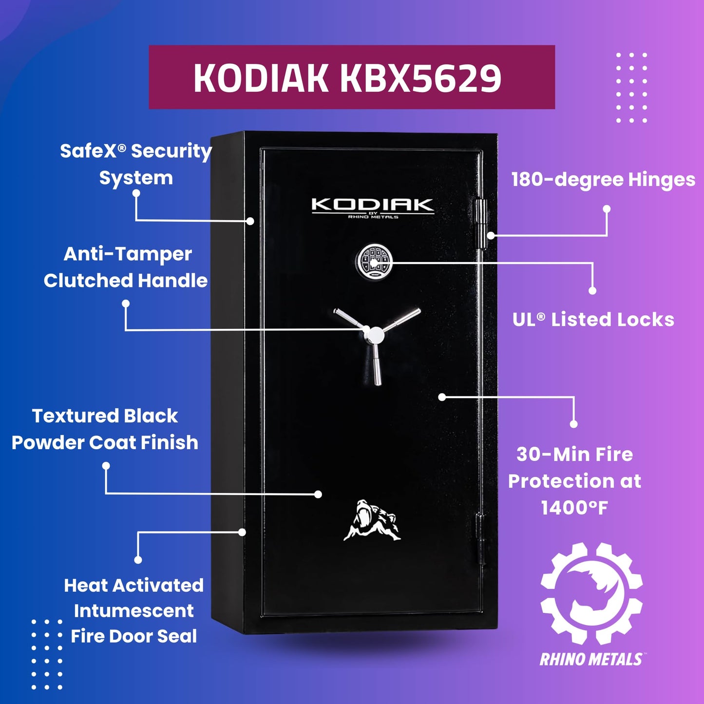 Kodiak Gun Safe for Rifles & Pistols, KBX5629 by Rhino Metals with New SafeX Security System, Safely Stores 42 Long Guns & 9 Handguns, Door Organizer for Handguns & Ammo, 390lbs