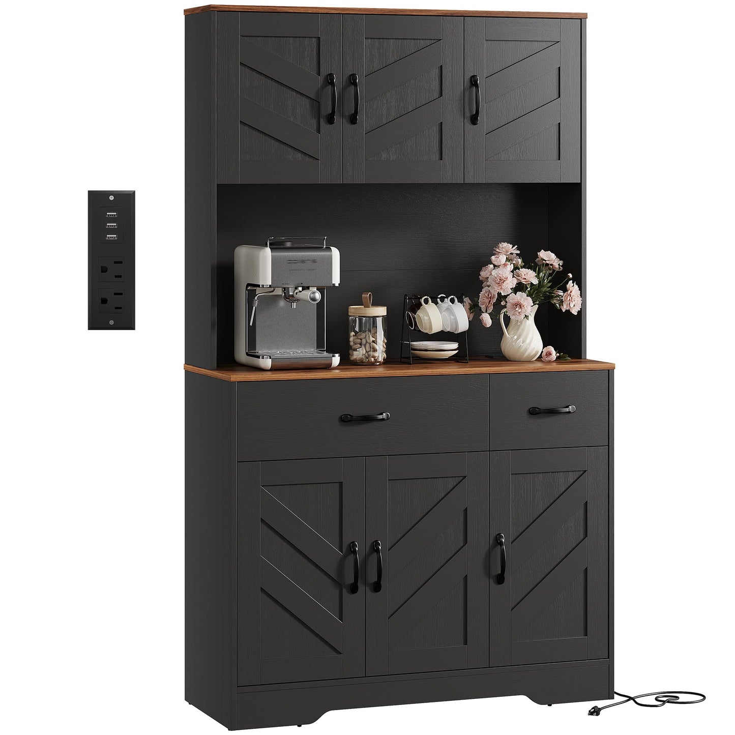 IDEALHOUSE 71" Kitchen Pantry Storage Cabinet with Charging Station, Farmhouse Kitchen Hutch Cabinet with 2 Storage Drawers, Large Food Pantry with Microwave Stand for Dining Room,Living Room,Black