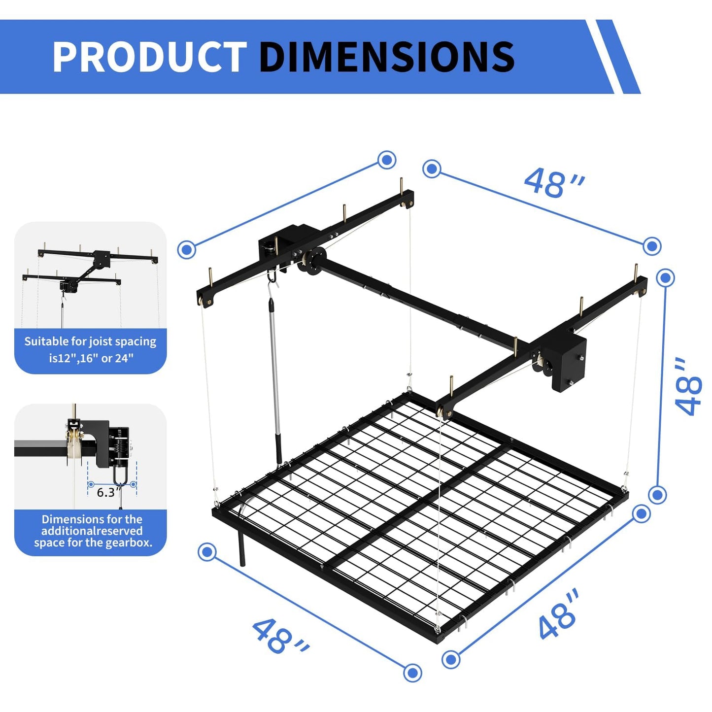 Garvee Overhead Garage Lifting Storage Rack, 4x4 ft Heavy-Duty Carbon Steel Ceiling Storage Rack, Adjustable Organization System, 350Lbs Safe Load (Tested to 600Lbs), Manual Crank Lift Design