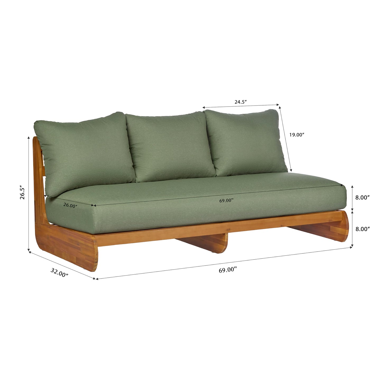 Merax Outdoor Acacia Wood Sofa with All-Weather Cushions, Patio Low 3-Seater Lounge Sofa for Porch, Lawn, Backyard, Balcony, Green+Teak