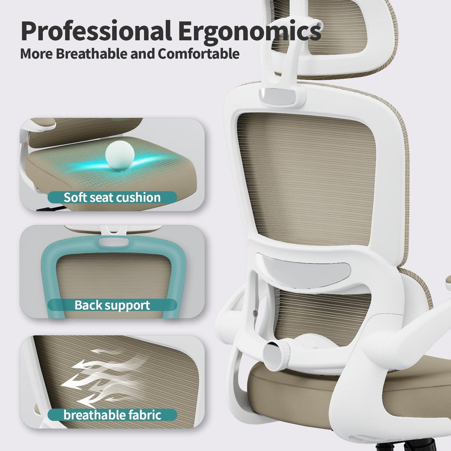 TRALT Office Chair Ergonomic Desk Chair, 330 LBS Home Mesh Office Desk Chairs with Wheels, Comfortable Gaming Chairs (Khaki)