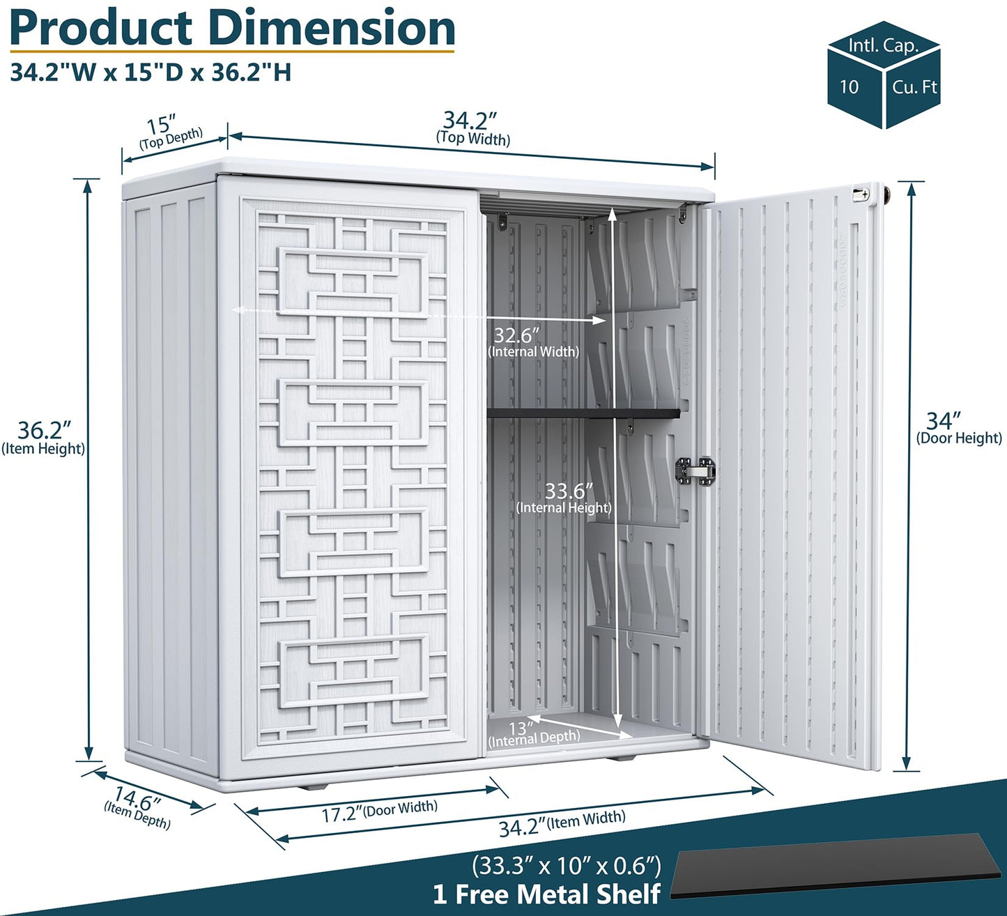 HOMSPARK Indoor/Outdoor Storage Cabinet with Doors and Shelf, 34”x15”x36” HDPE Plastic Storage Box Waterproof for Patio, Garden, Balcony, Multi-Purpose for Daily Tools, White