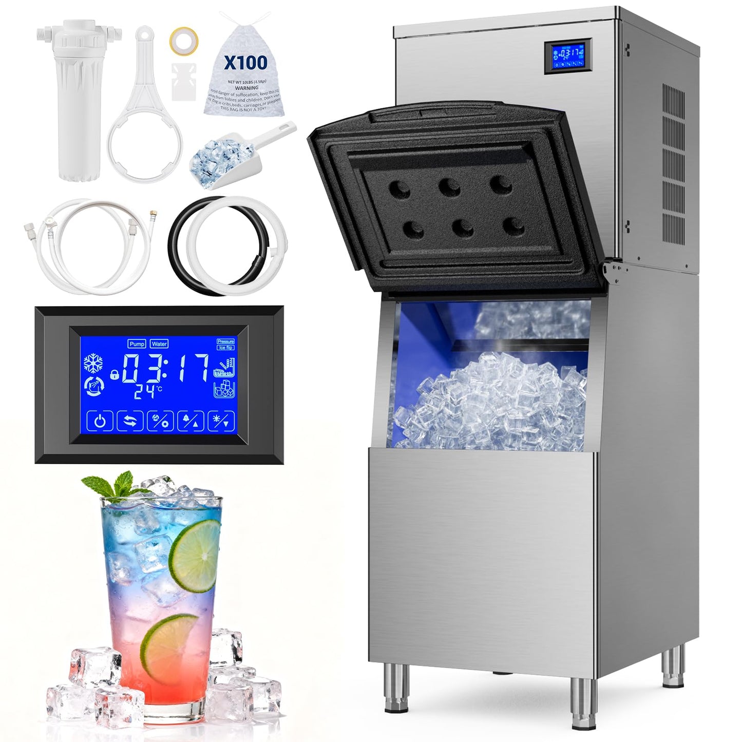 Commercial Ice Maker Machine, 650Lbs/24H Ice Machine with 500LBS Large Storage Bin, ETL Approval, Auto Cleaning Mode & Timing Function, Air Cooled Commercial Ice Maker for Restaurant/Bar/Cafe/Business