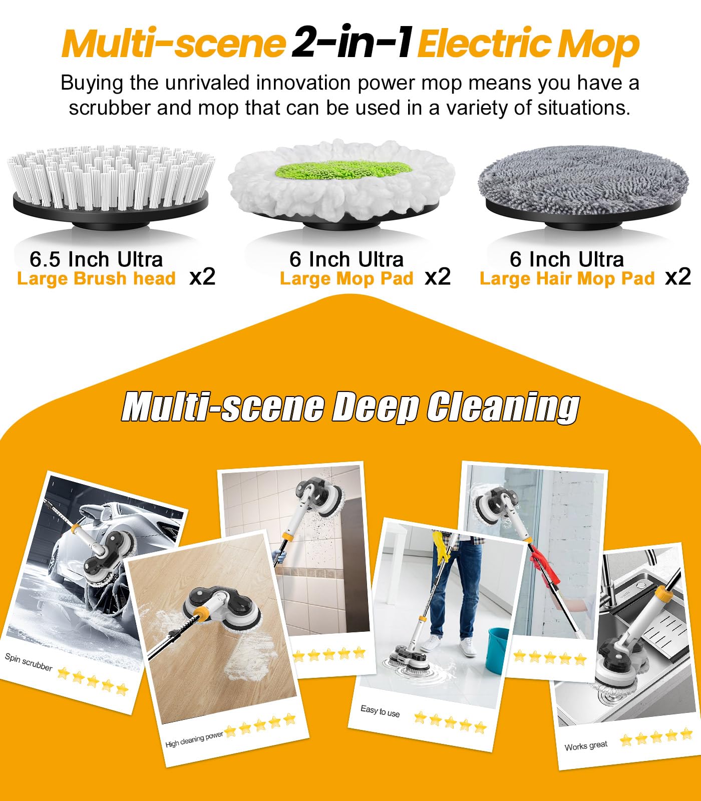 qimedo 800RPM Cordless Electric Mop, 6000mAh Battery Electric Power Scrubber & Mops for Floor Cleaning, Best Automatic Spin Mops with Smart Display,Rotating Mop with LED Light & Water Spray