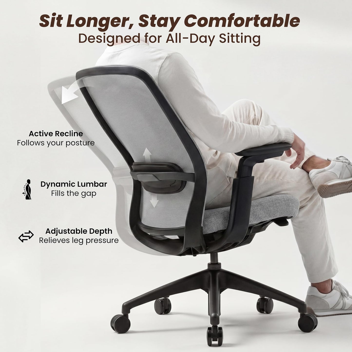COLAMY Aether Executive Office Chair for Long Hours, One-Touch Easy Adjust Managerial Desk Chair with Levitating Seat Cushion & Pilot-Level Sync Armrests, 300 LBS Mid Back Mesh Computer Chair,Grey