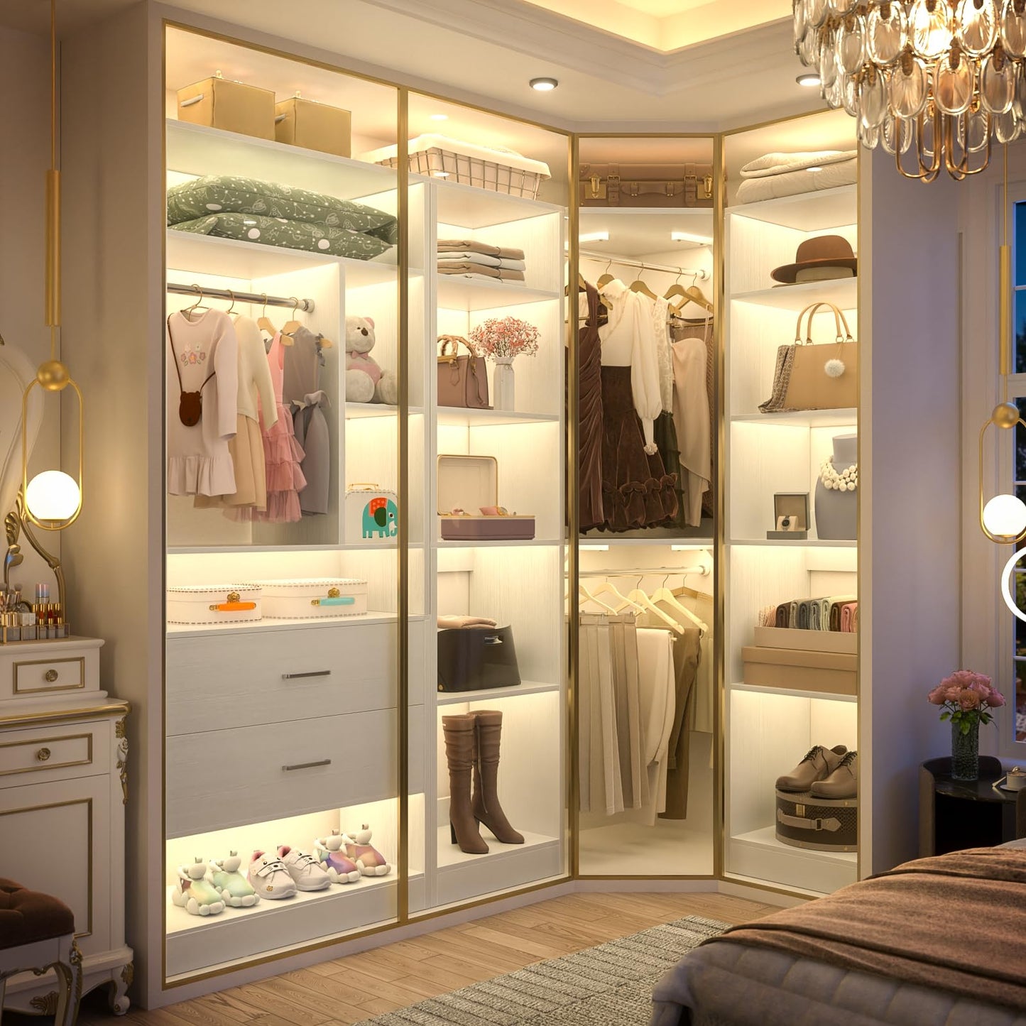Besiost Corner Closet System with 2 Sets, 63.2" Corner Closet Organizer System with 2 Drawers + 18 Shelves + 3 Hanging Rods, Reversible L Shaped Walk-in Closets, White (63.2" L x 39.2" W x 80" H)