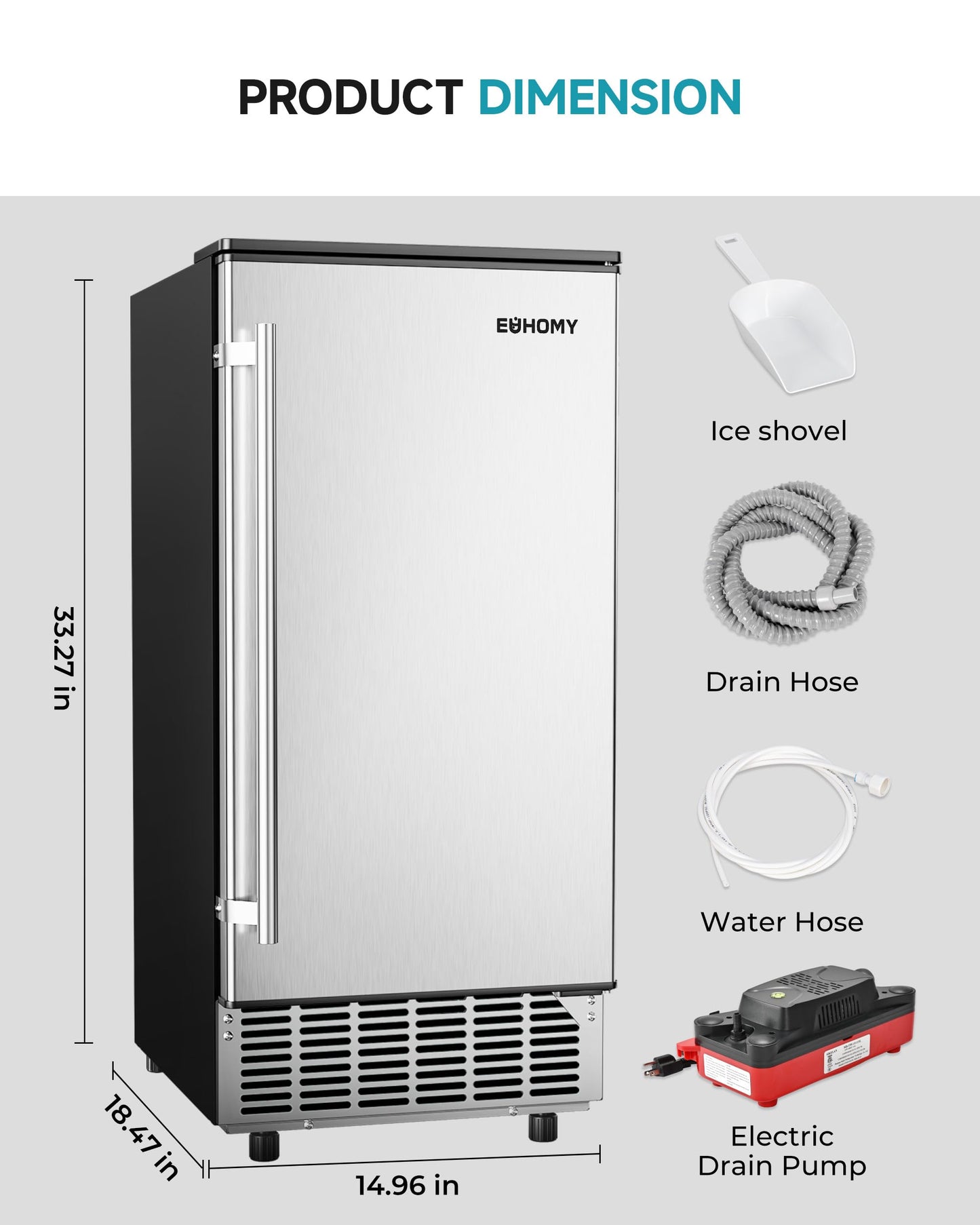EUHOMY Under Counter Ice Maker with Drain Pump, 100 lbs/Day Ice Machine, Auto-Cleaning & 24H Timer, Stainless Steel Commercial Ice Maker with 24 lbs Storage for Home/Bar/Cafe/Restaurant