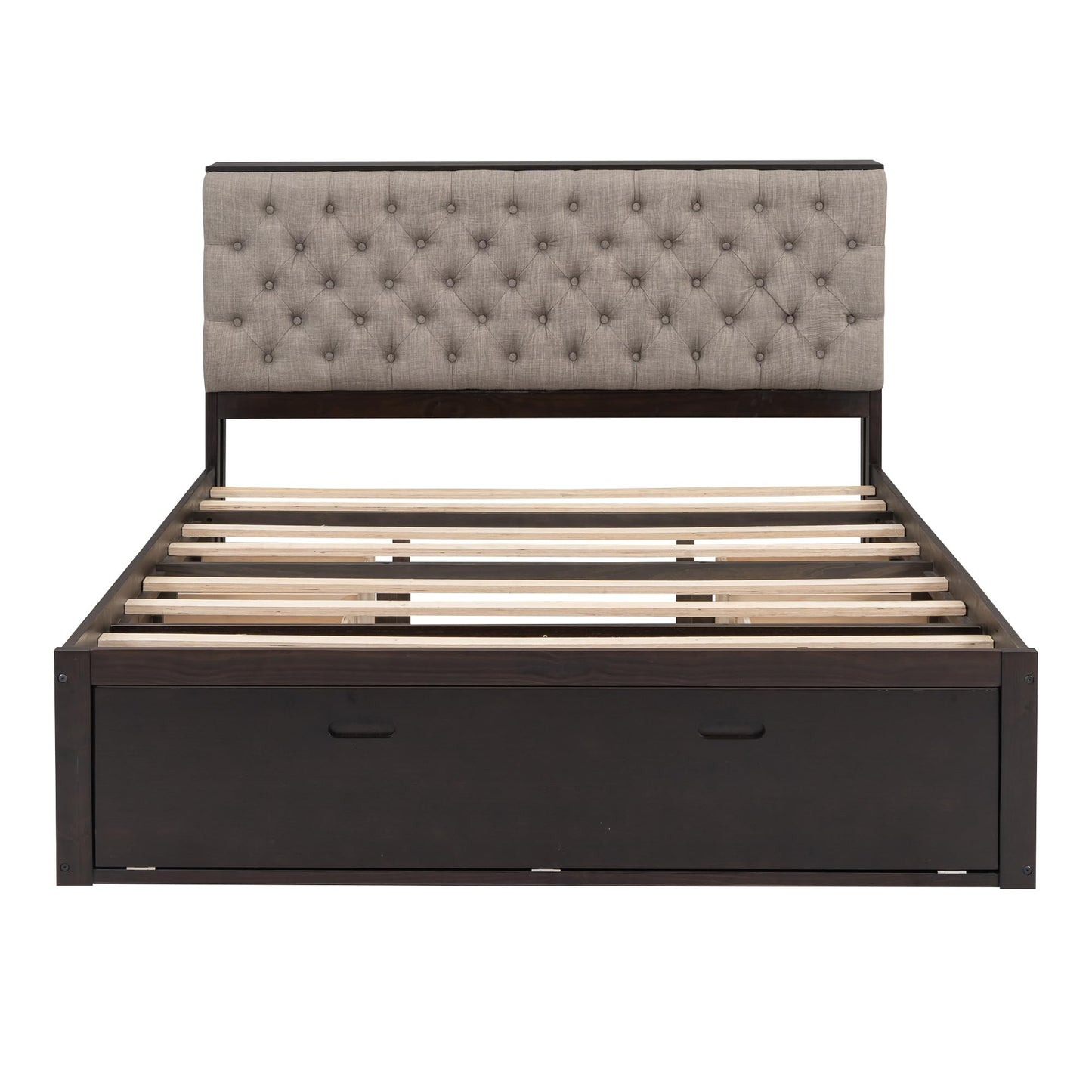Merax Queen Size Bed Frame with Upholstered Storage Headboard, Rustic Wood Platform Bed with Four Drawers and Shoe Rack, Sturdy Wooden Slats Support, No Box Spring Needed, Easy Assembly, Espresso