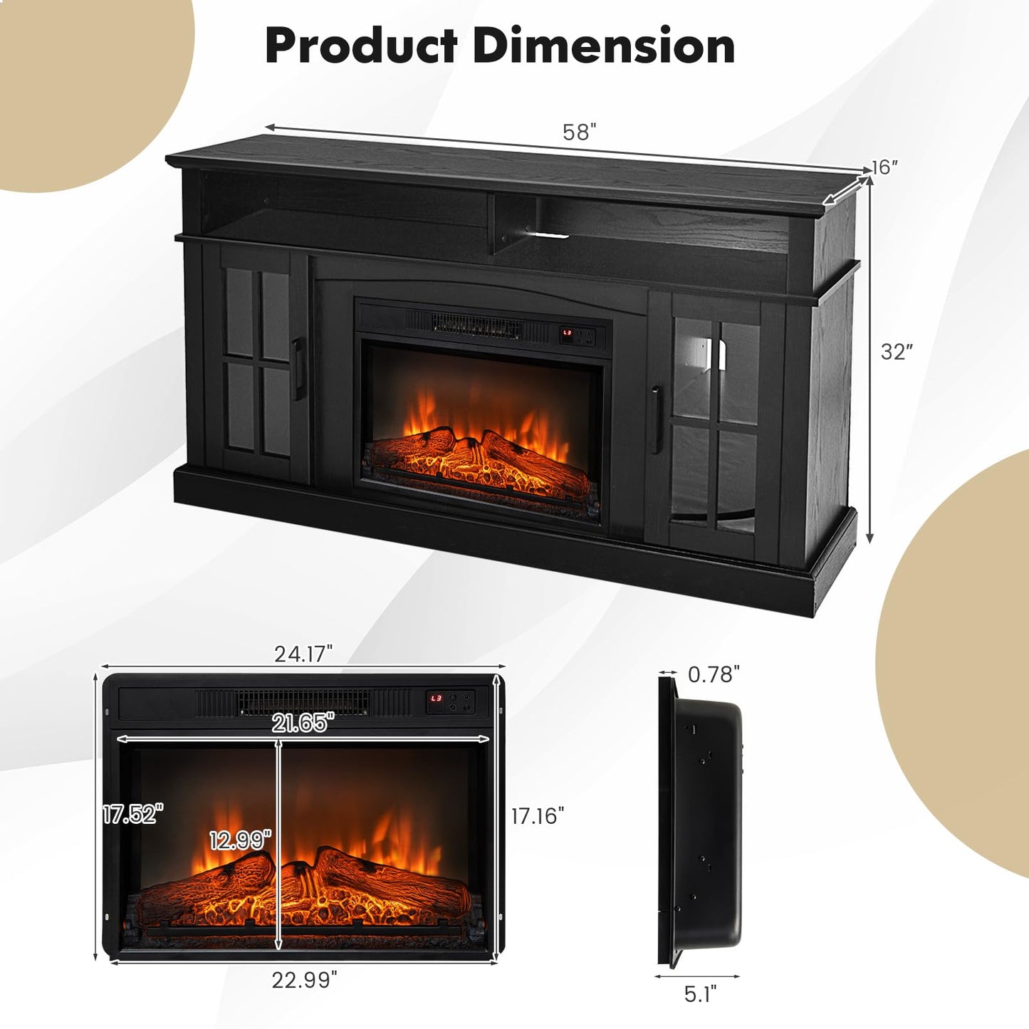 CLEEMAN Electric Fireplace TV Stand for TVs up to 65”, Media TV Console w/ 23” Fireplace Insert Heater, Remote Control, 3-Level Flame, Overheat Protection, Entertainment Center for Living Room (Black)