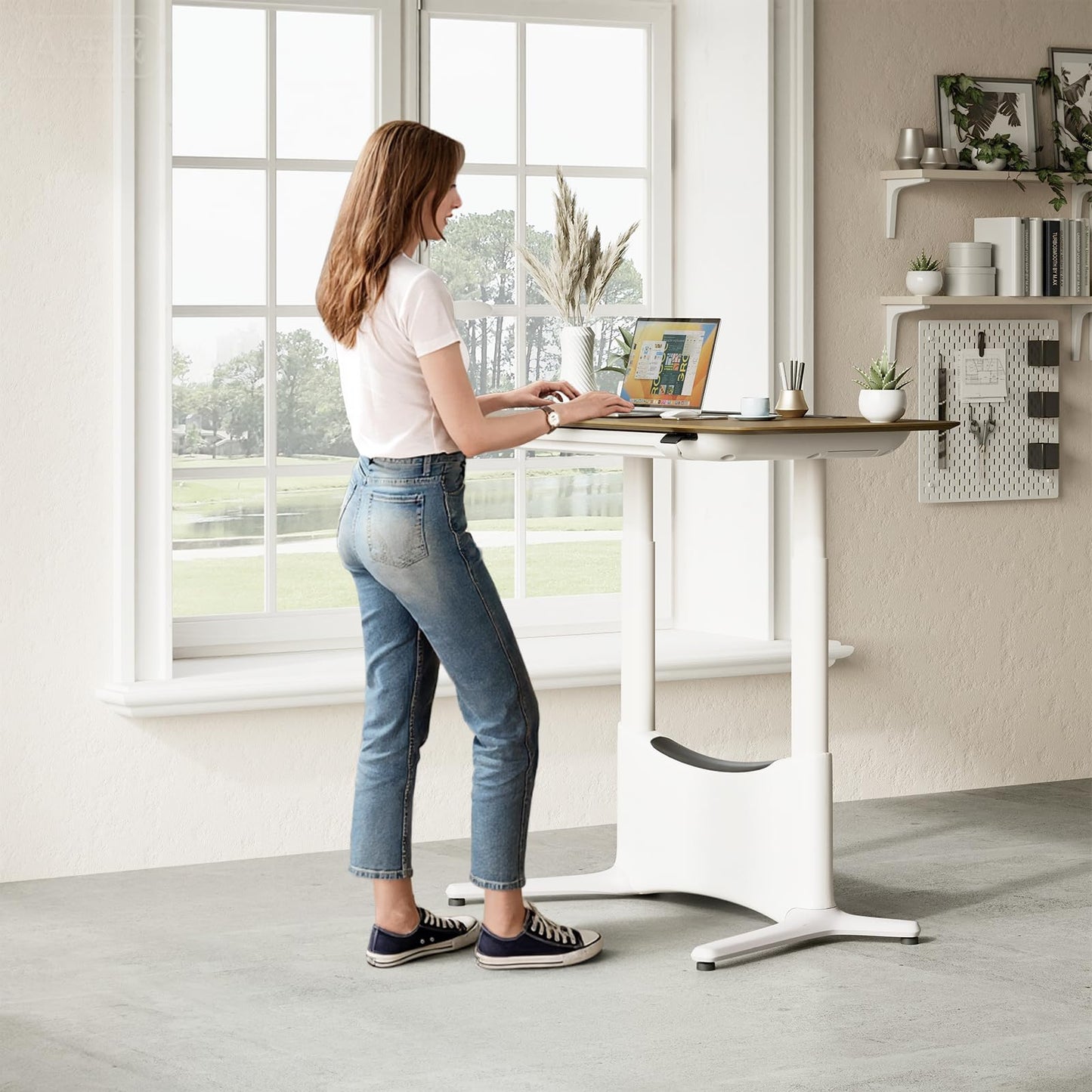 COLAMY Electric Adjustable Standing Desk – 48 x 28 Inch Sit Stand Desk with Drawer & Cable Management, Dual Motor Lift System, Ergonomic Footrest, Home Office Table (Veneer Desktop, Walnut + White)