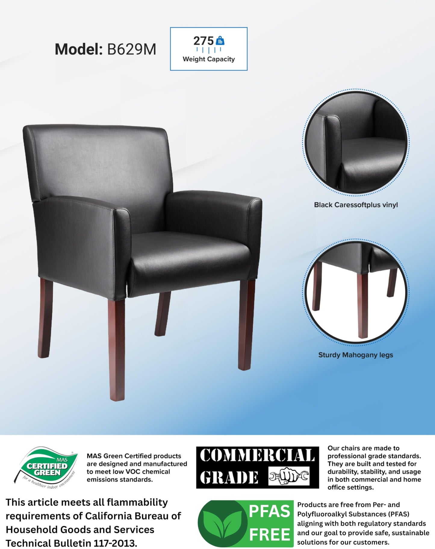 Boss Office Products Reception Box Arm Chair with Mahogany Finish in Black (B629M)