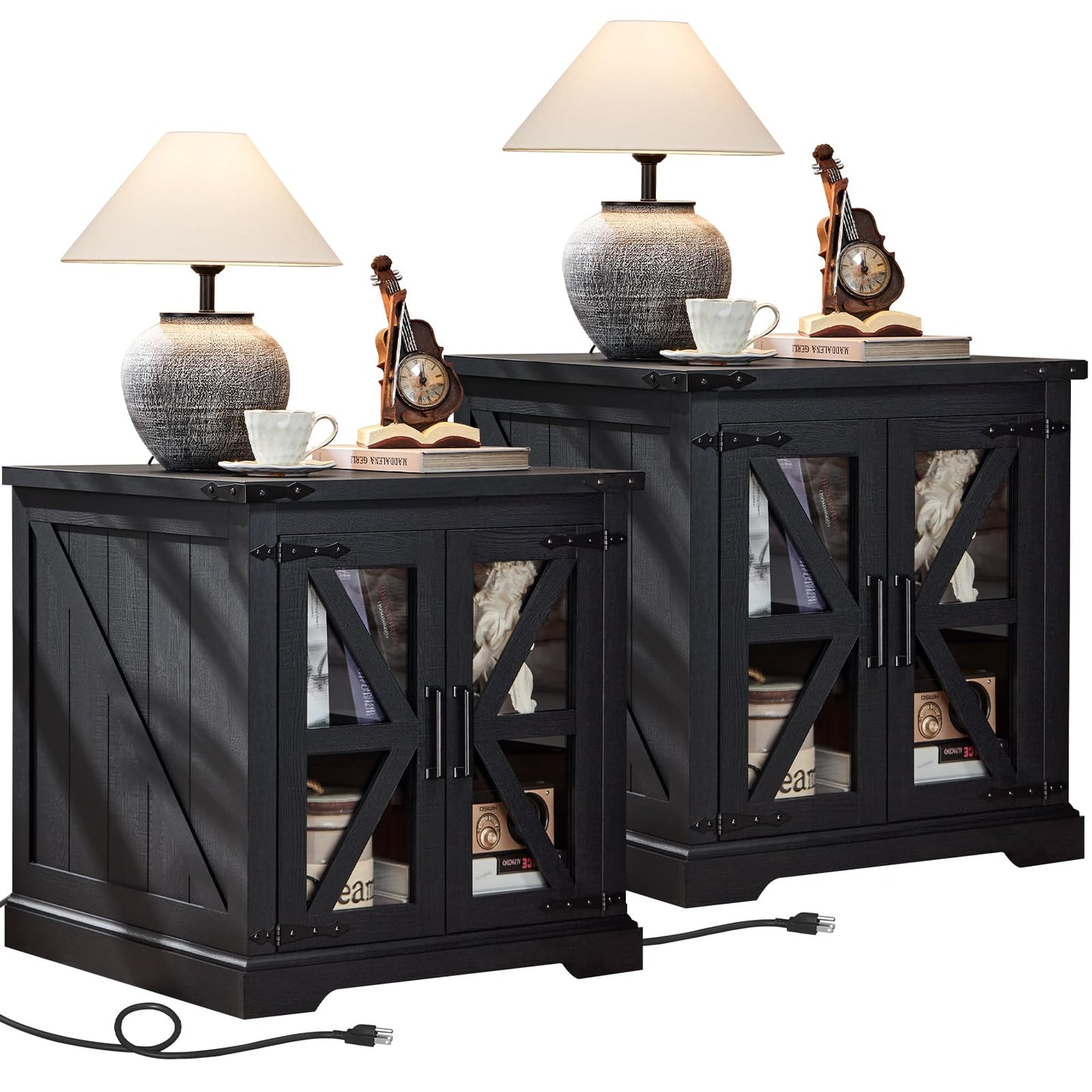 Joaxswe 24" End Table Set of 2 with Charging Station, Farmhouse Night Stand with Glass Barn Door, Nightstands with Adjustable Storage Shelf, Large Wood Square Bed Side Table for Living Room,Bedroom