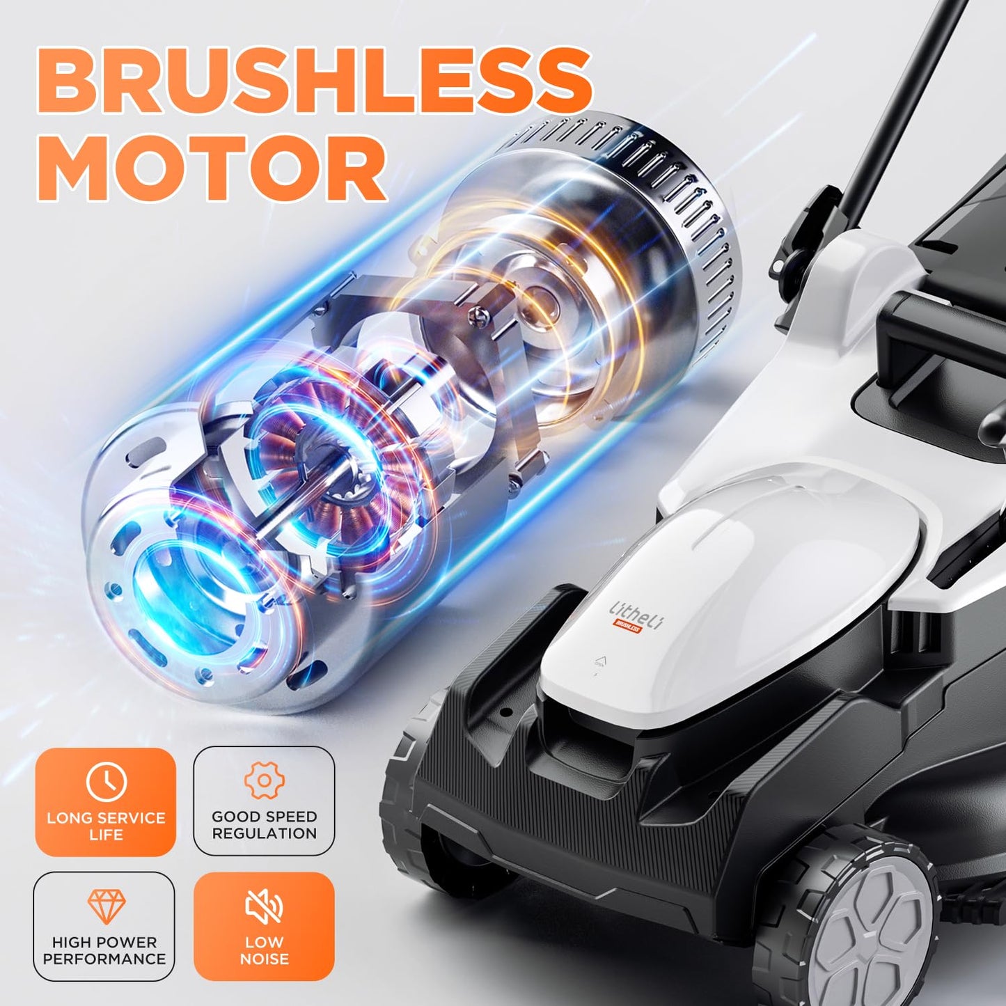 Litheli 16.5" Electric Lawn Mower Cordless, Brushless Lawnmower with 6-Height Adjust and 2 x 4.0Ah Batteries, for Garden and Yards
