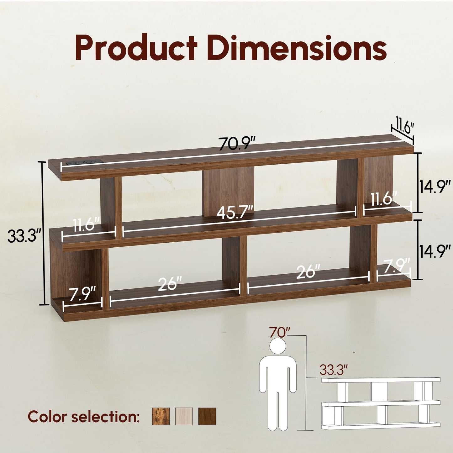 TIQLAB 71 Inch TV Stand Console Table with Power Outlets, Black Walnut