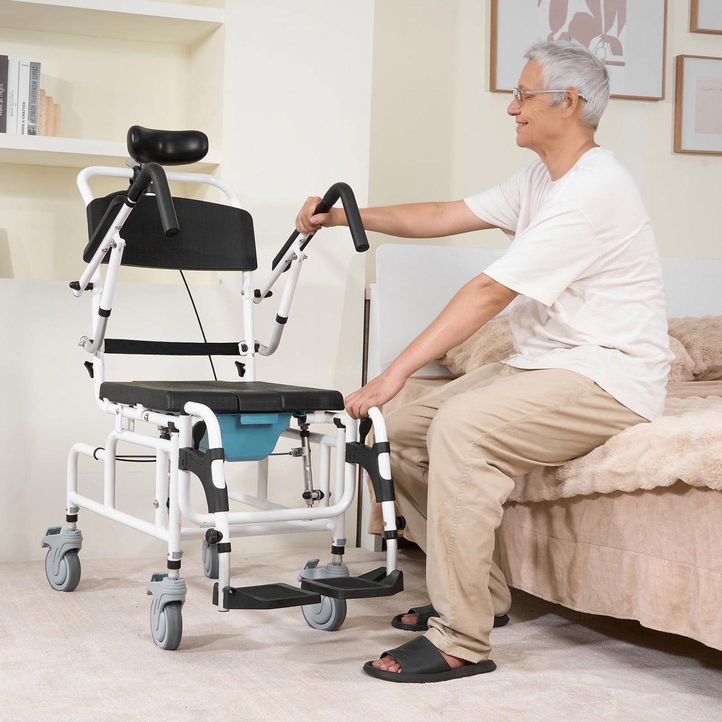 VEVOR Shower Wheelchair, 17.5in Width Aluminum Alloy Bathroom Wheelchair for Inside Shower, Adjustable Rolling Shower Chair w/Brake for Disabled Adult, 300 lbs Capacity Shower Transport Chair