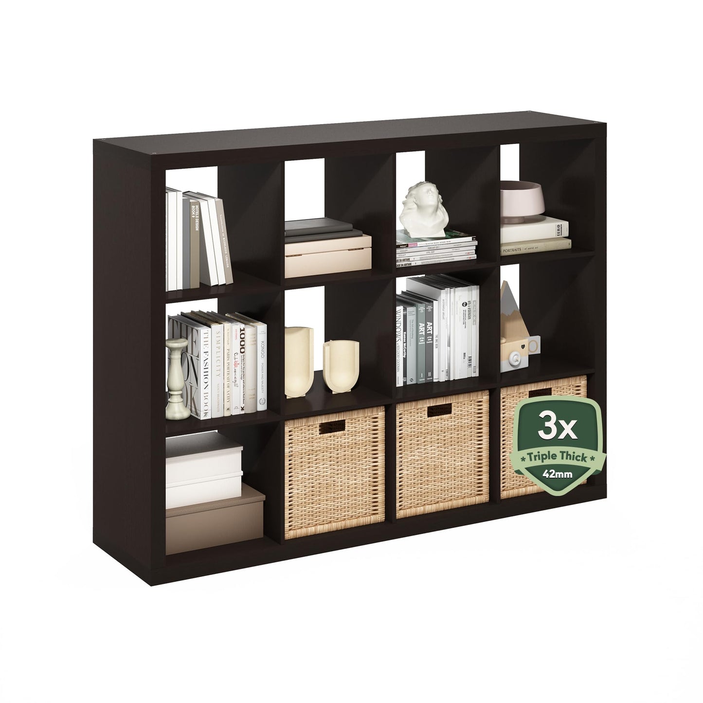 Furinno Cubicle Book Shelf, 12-Cube Bookshelf, Triple Thick Frame Cube Storage Organizer Bookcase, 1.65" Thick, 15.3 x 57.4 x 43.3, for Living Room, Bedroom, Home Office, Black Dark Oak