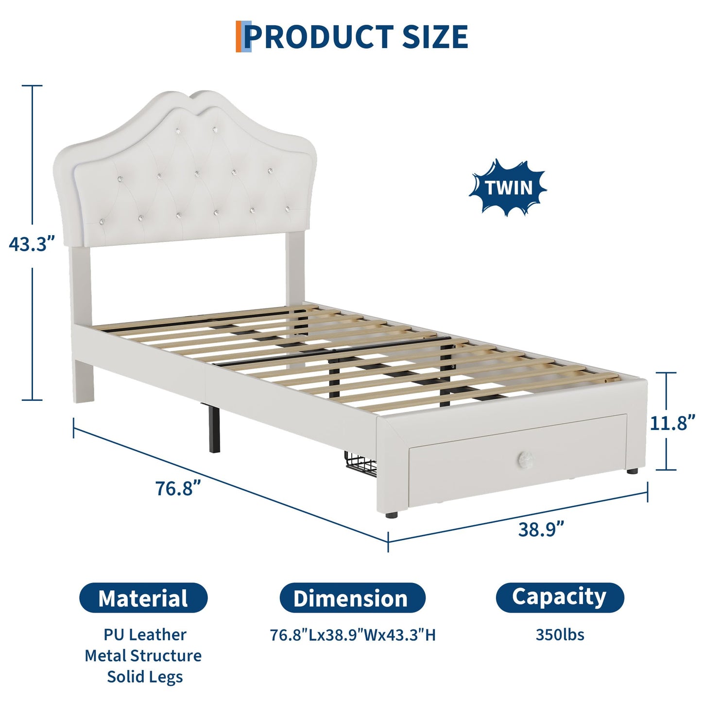 BouPower Twin Size Bed Frame for Girls with Storage Drawers & LED Lights, Upholstered Platform Bed, Velvet Crystal Button Princess Bed, Noise-Free Slats, No Box Spring Needed for Kids, Teens, White