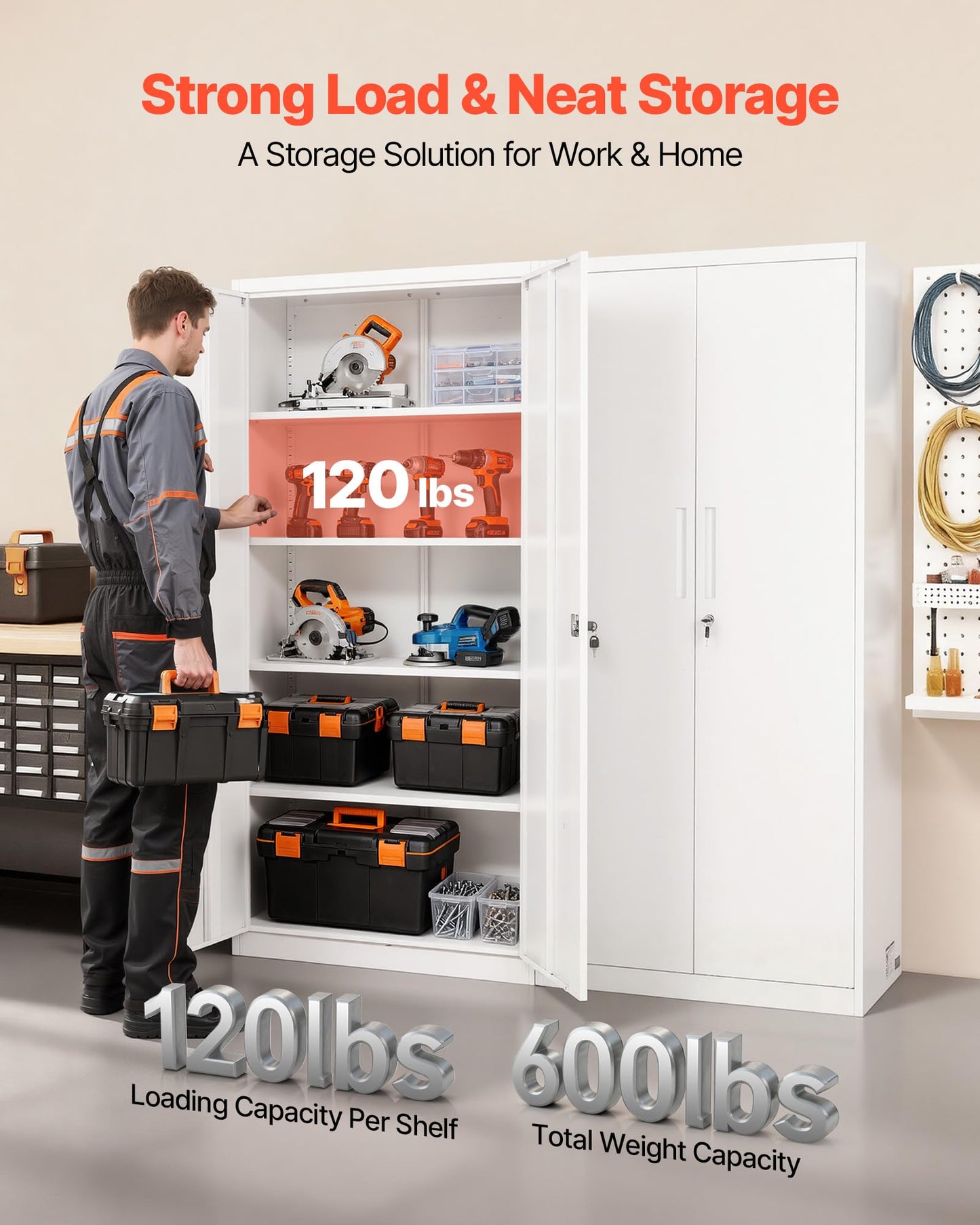 VEVOR Metal Storage Cabinet, Lockable Steel Garage Cabinet with Adjustable Shelves, 2 Magnetic Doors, 2 Keys, 5-Tiers Tool Storage Locker for Home, Office, School, Warehouse, Basement, Laundry, White
