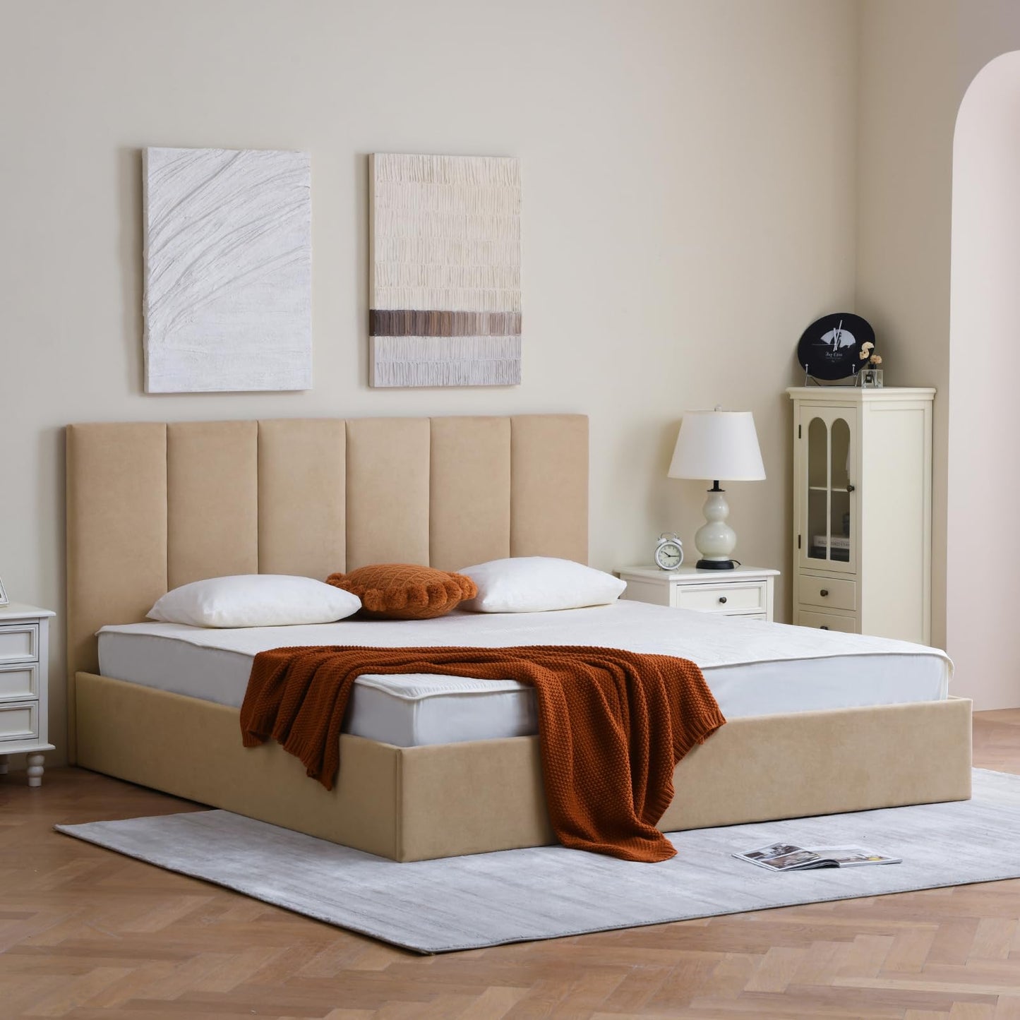 VELOCAVA King Size Upholstered Lift-Up Storage Bed, Beige Linen-Look Fabric Bed Frame with Vertical Panel Headboard, Hydraulic Lift Storage, Wooden Slat Support, No Box Spring Needed