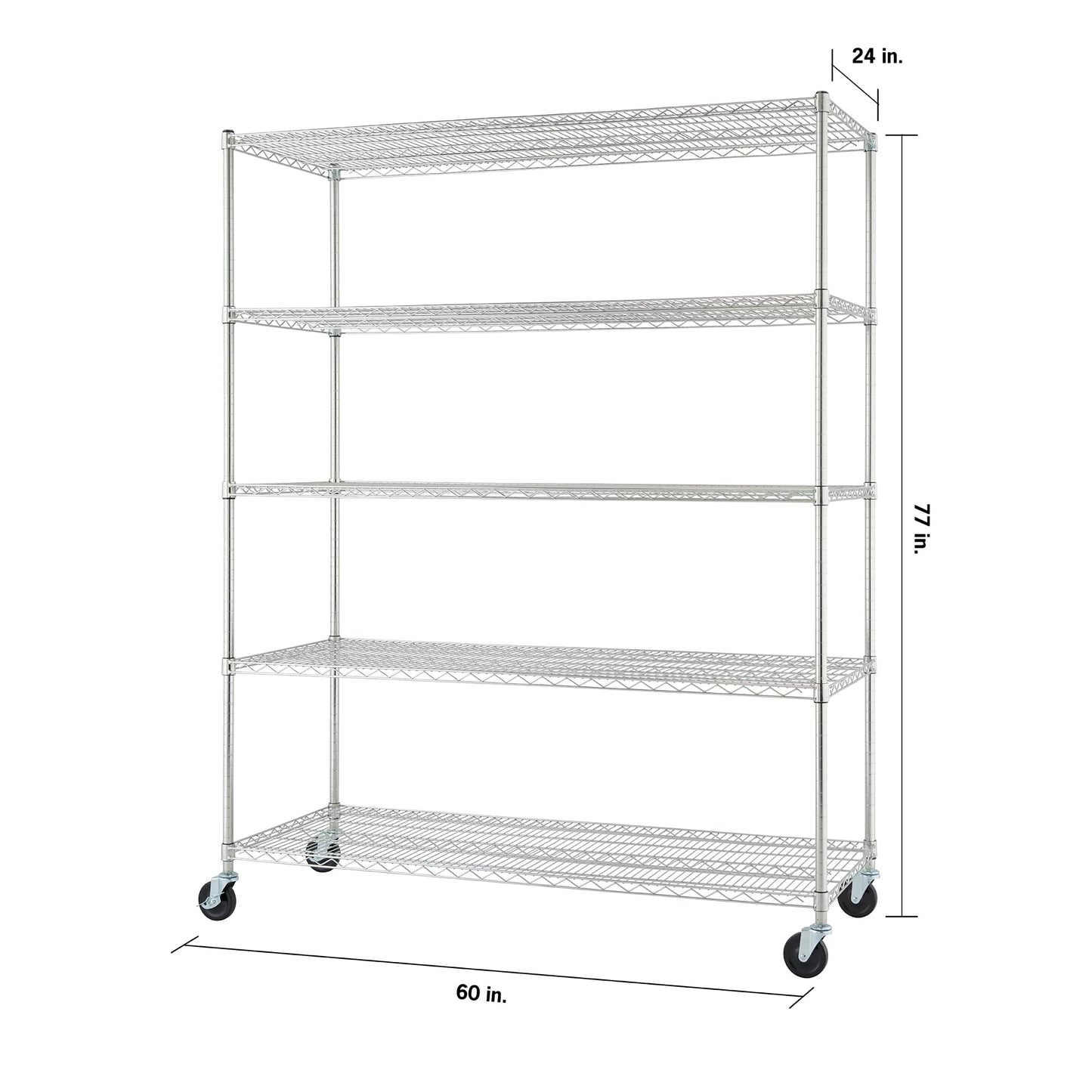 Trinity Basics TBFC-0931 5-Tier Adjustable Wire Shelving with Wheels for Kitchen Organization, Garage Storage, Laundry Room, NSF Certified, 600 to 2250 Pound Capacity, 60” by 24” by 77”, Chrome