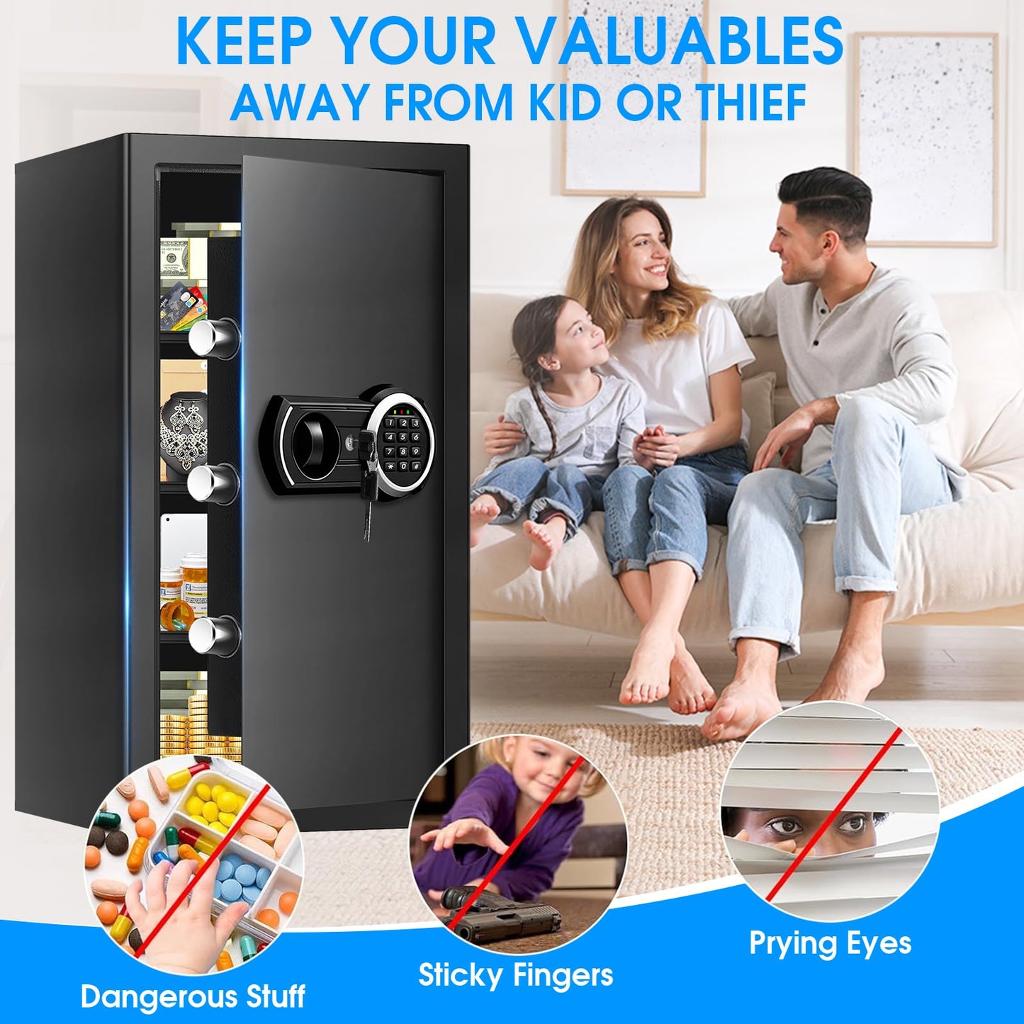 6.1 Cuft Heavy Duty Fire Security Home Safe Box, Large Floor Safe with Digital Keypad & Key Lock, Fire Proof Safes for Home with Three Removable Shelf, Anti-theft Tall Safes for Money, Cash, Documents