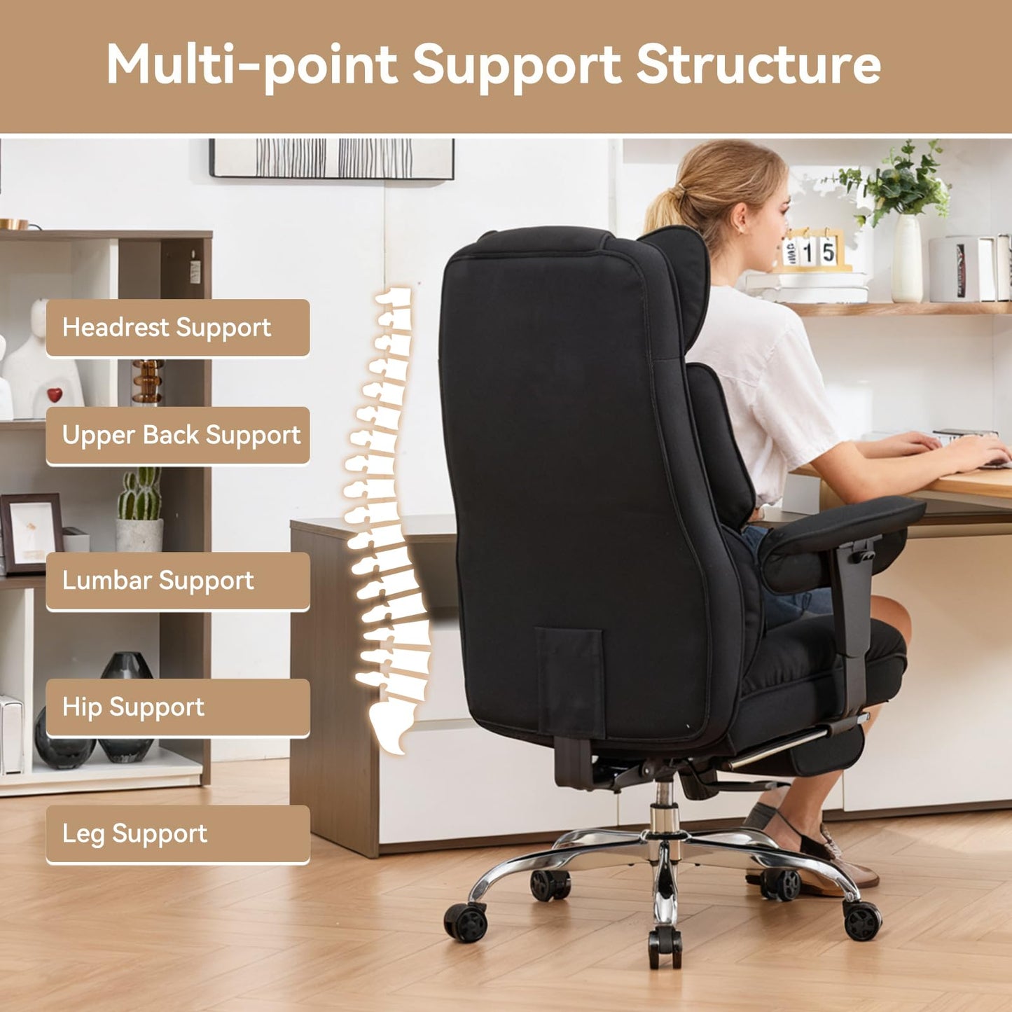 Efomao Big and Tall Office Chair with Footrest - 400lbs Heavy Duty Pocket Spring Desk Chair, 7" Thick Cushion Breathable Fabric Executive Office Chair, Ergonomic Reclining Workstation, Black