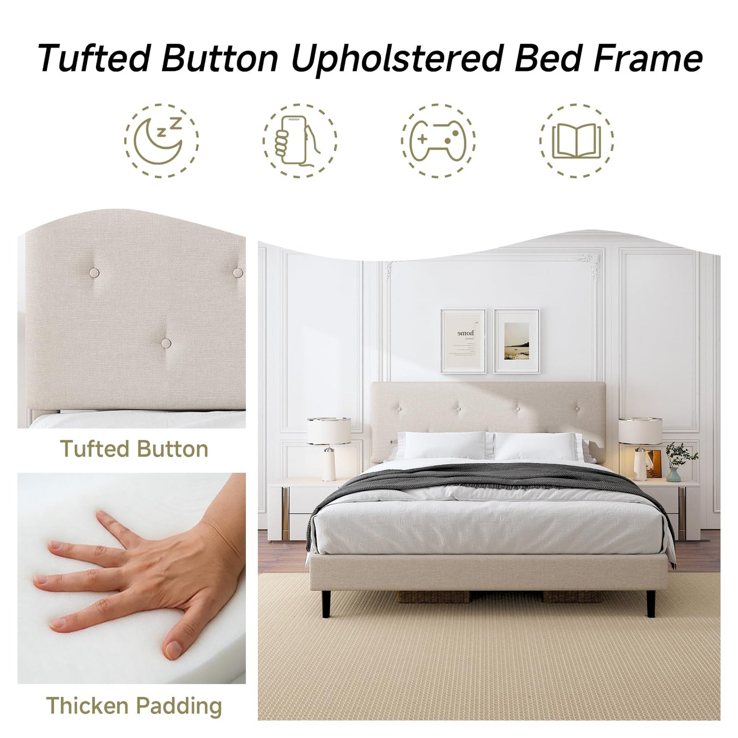 Mxhtcewz Full Size Linen Bed Frame, Upholstered Platform Bed Frame with Adjustable Headboard, Wooden Slats Support, No Box Spring Needed, Easy Assembly, Beige