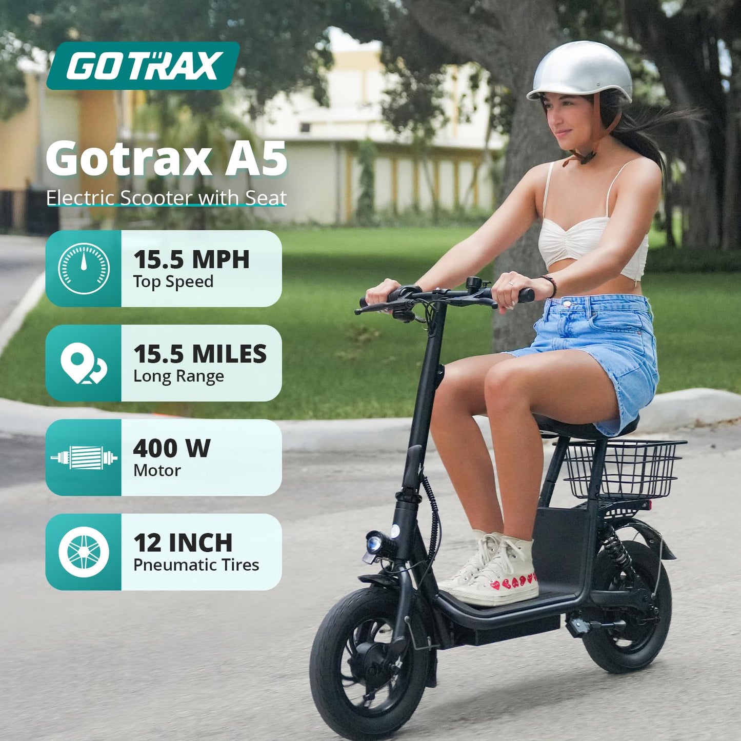 Gotrax A5 Electric Scooter w/Seat for Adults, 12" Pneumatic Tire, Max 15.5 Miles&15.5 Mph Power by 400W Motor, Dual Rear Shock Absorber&Dual Brake, Comfortable Wider Seat&Carry Basket& Hook, Black