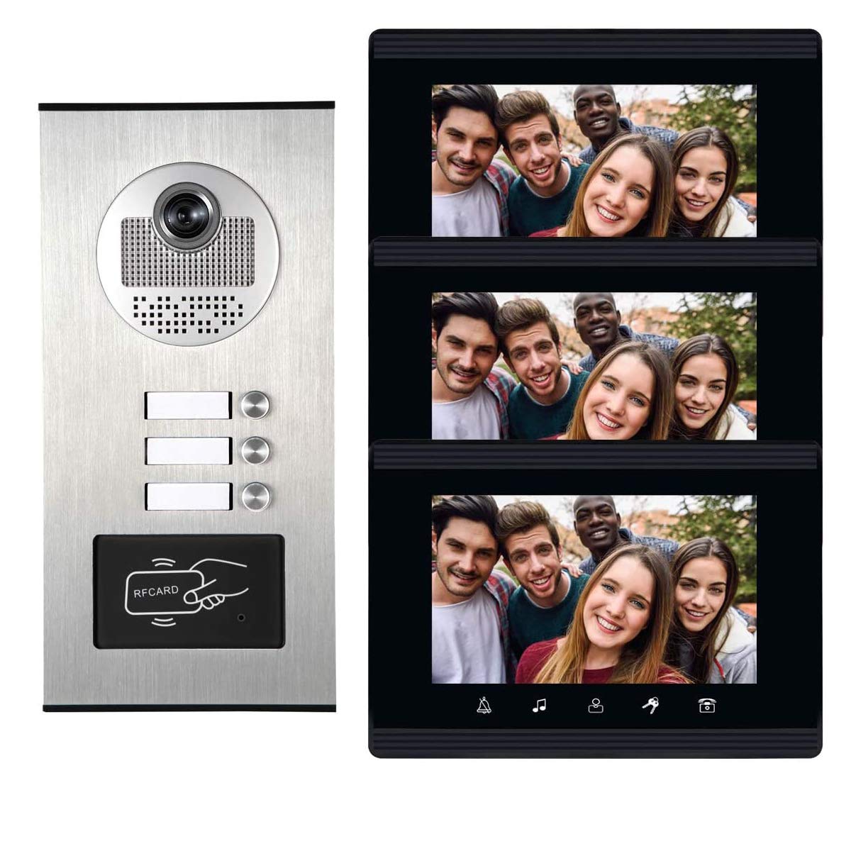 AMOCAM Upgrade Versions 3 Units Apartment Intercom System 7 inch Touch Monitor Video Door Phone Kits Support Ethernet Cable Connect, Single-Supply, ID Keyfobs Unlock for Home Apartment