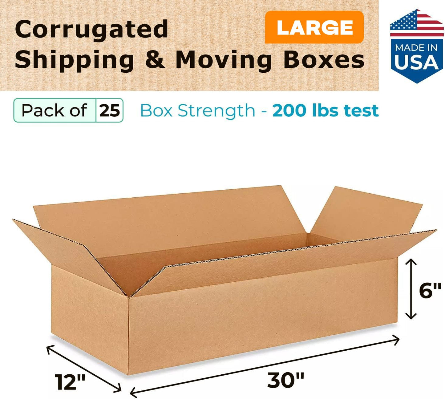 Large Shipping & Moving Boxes 30"L x 12"W x 6"H (25-Pack) - Extra Strength 200 lb vs Regular - USA-Made Corrugated Durable Cardboard Boxes - Large Corrugated Cardboard Shipping Box by IDL Packaging