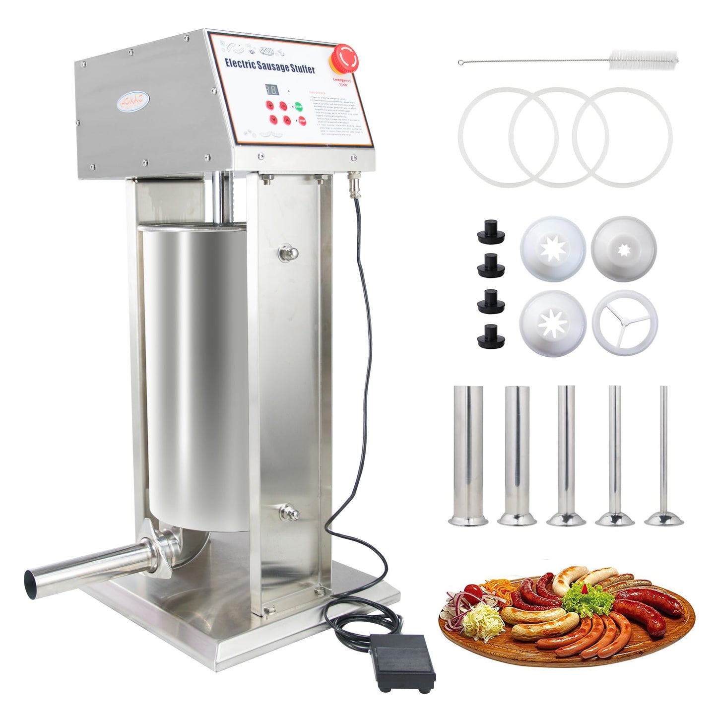 Hakka 30LB Electric Sausage Stuffer, Stainless Steel Electric Sausage Makers and Churro Makers Commercial Sausage Filling Machine with 5 Stuffing Tubes 4 Churros Making Parts